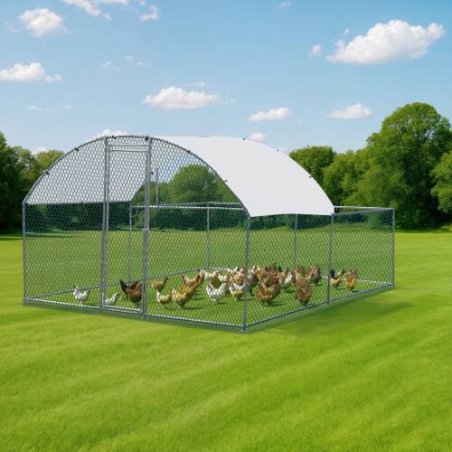 Alt View 9. Winado - 10x10FT Metal Poultry Cage Top Partially Open, Walk-in Chicken Pen with Waterproof Cover for Chicken Run Garden Outdoor - Silver Frame, Green Mesh.