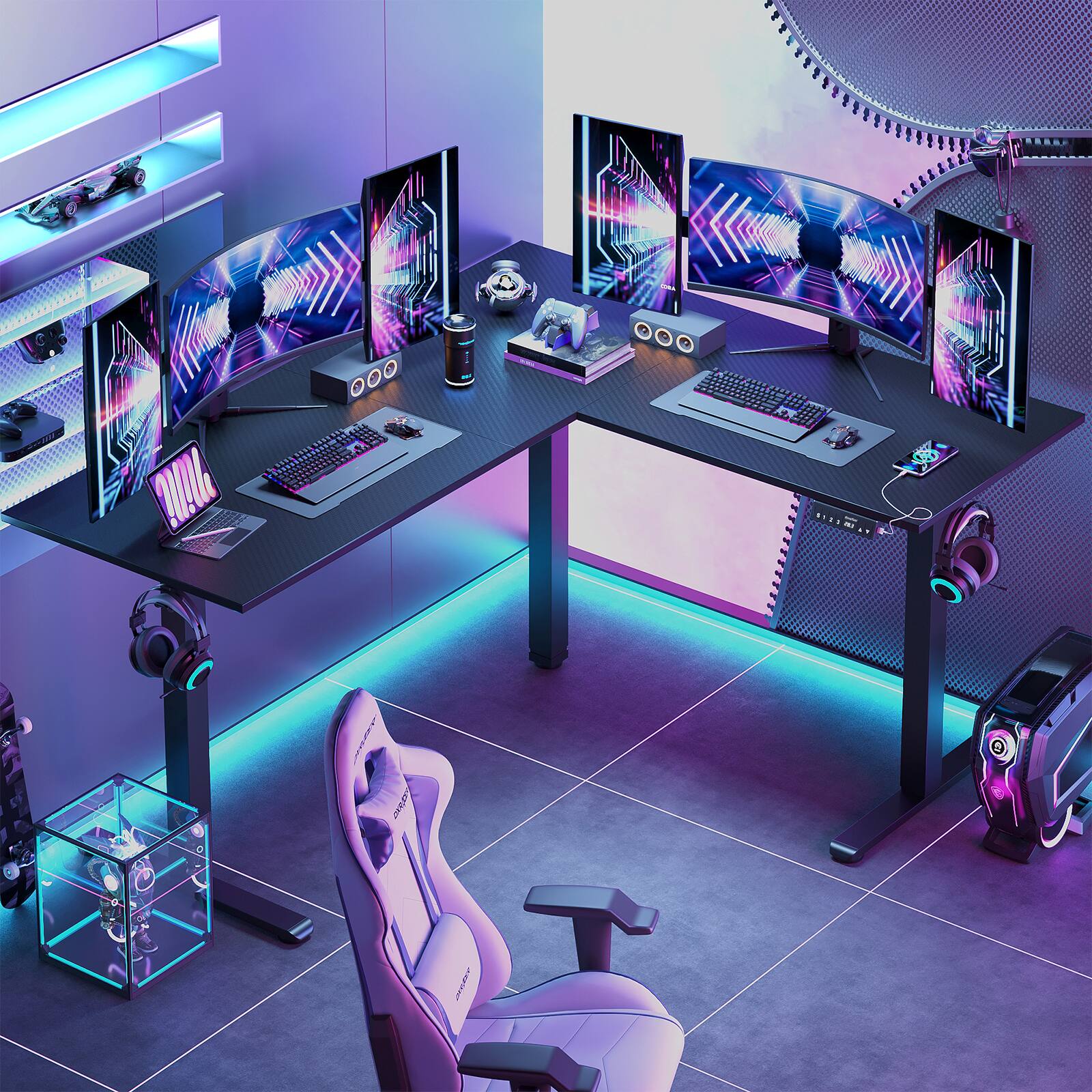 Left. Bestier - 63 inch L-Shaped Adjustable Standing Desk with Hooks,  Charging Station & Power Outlet for Home Office - Black Carbon Fiber.