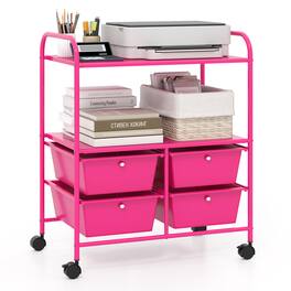 Gymax - Rolling Storage Cart w/4 Drawers & 2 Shelves Multipurpose Plastic Trolley on Pink - Hot Pink