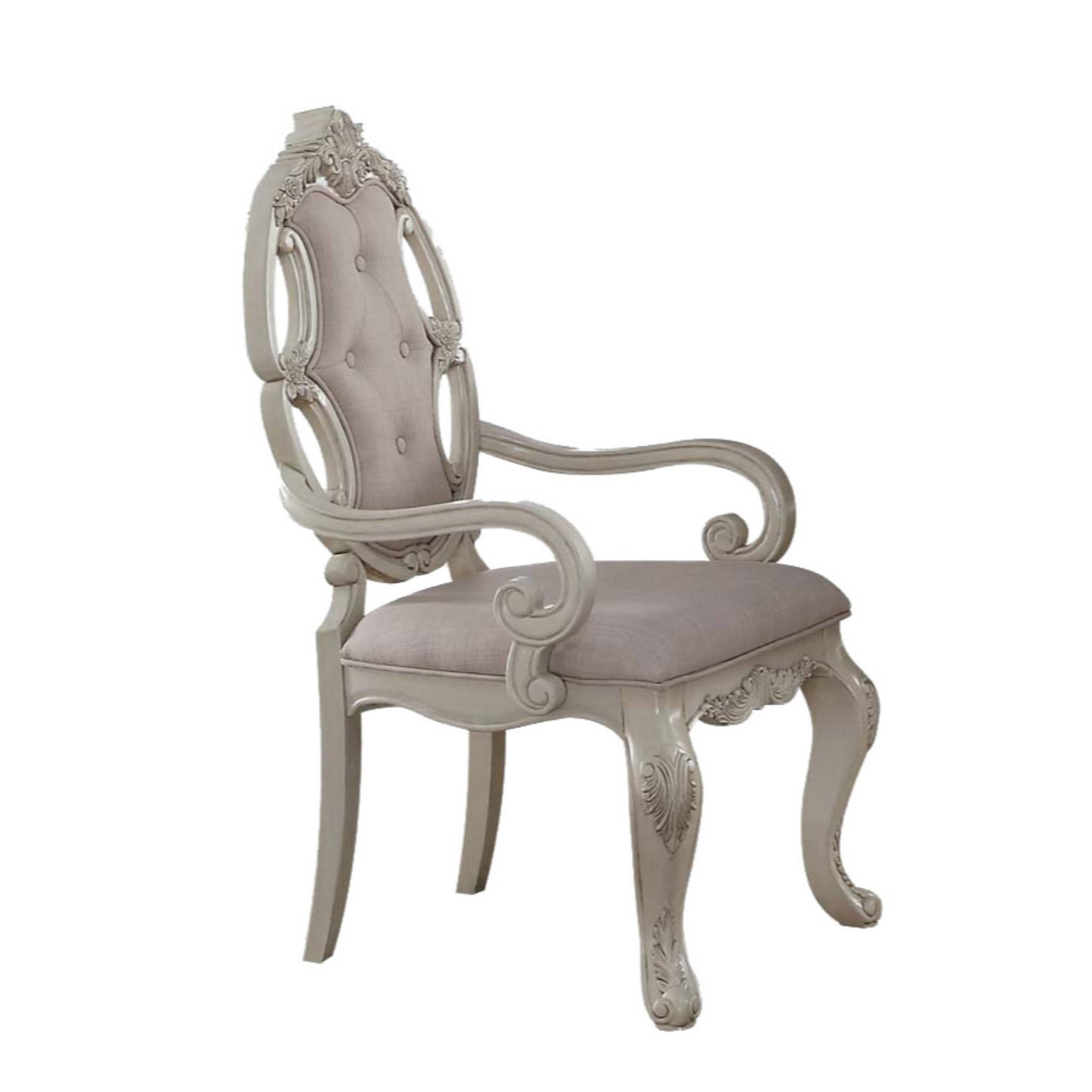 Front. Manhattan Lane - Fabric Upholstered Wooden Arm Chairs with Cabriole Legs, Set of Two - White and Gray.