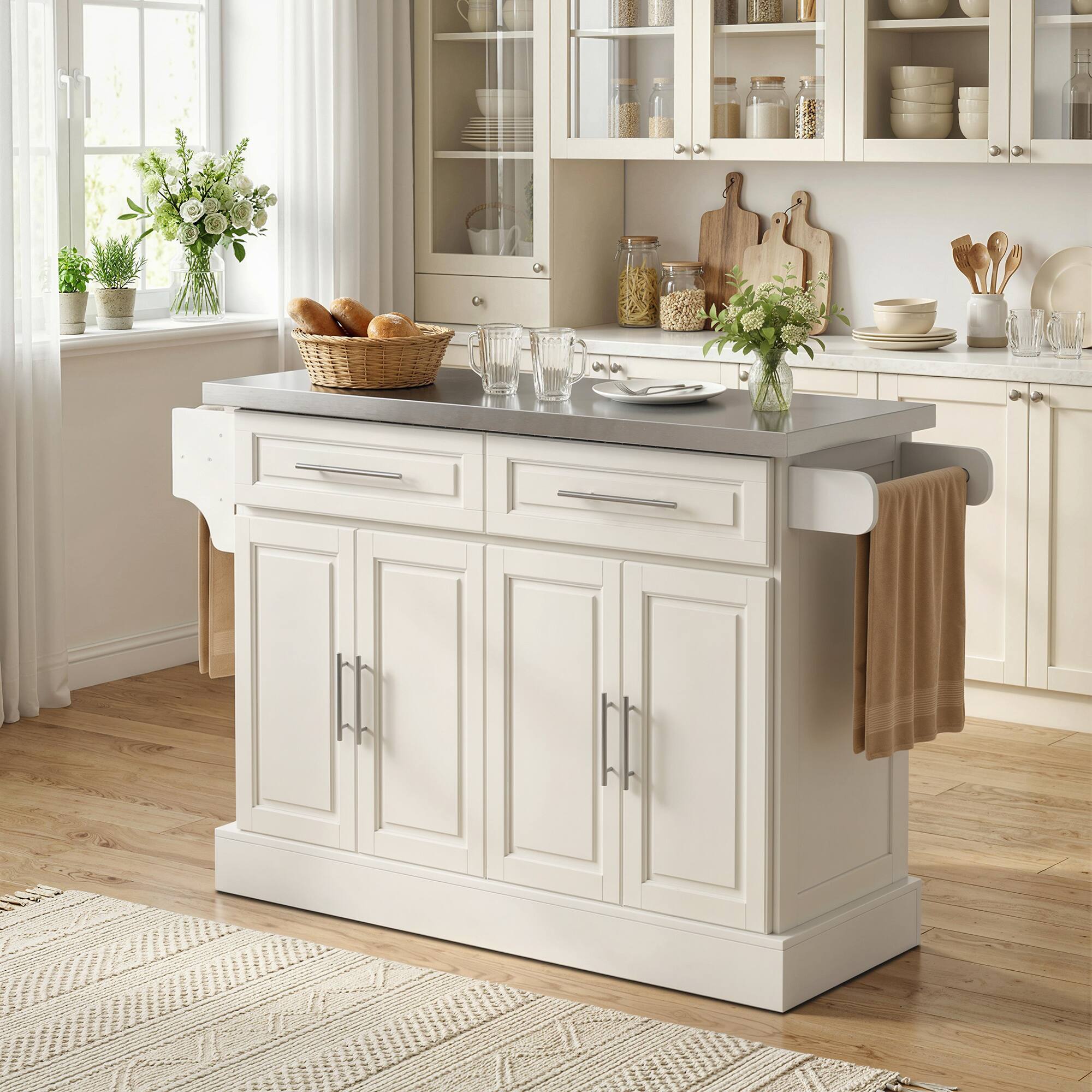 Alt View 1. Homcom - Kitchen Island with Stainless Steel Top, 2 Drawers, Spice, Knife and Towel Rack and Cabinets - Cream White.