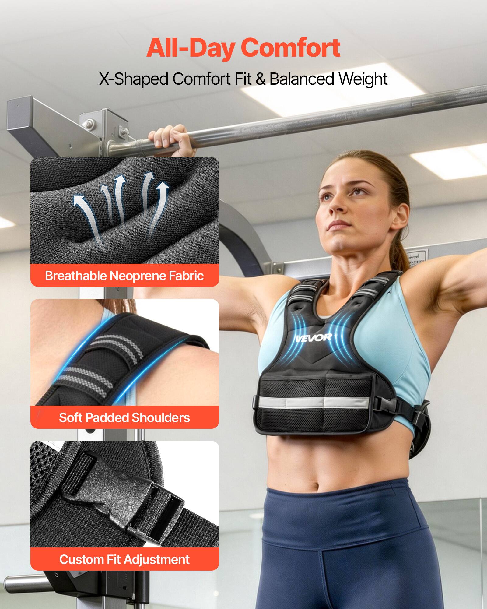 All-Day Comfort  
X-Shaped Comfort Fit & Balanced Weight  

Breathable Neoprene Fabric  

Soft Padded Shoulders  

Custom Fit Adjustment