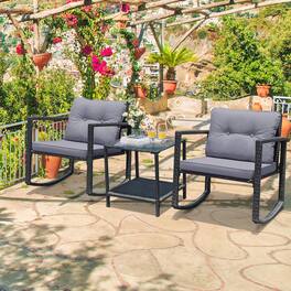 Gymax - 3PCS Rattan Rocking Chair Table Set Patio Furniture Set w/ Grey Cushions - Gray
