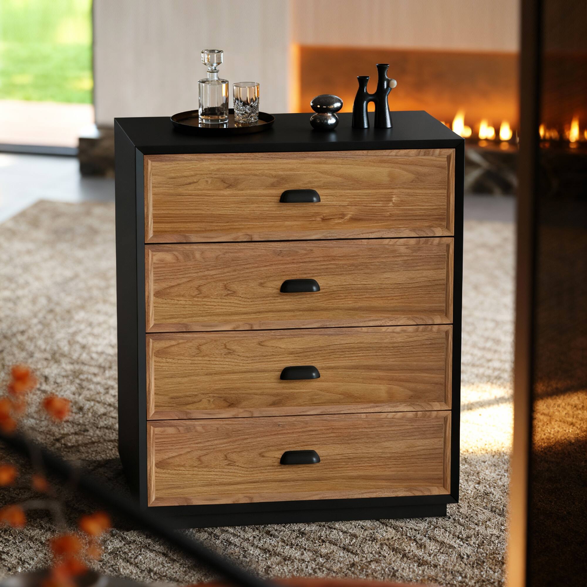 Front. luck idea - Mid-Century Modern 31.49" Solid Wood Nightstand with 4 Drawers, Bedside Table - Walnut Color.