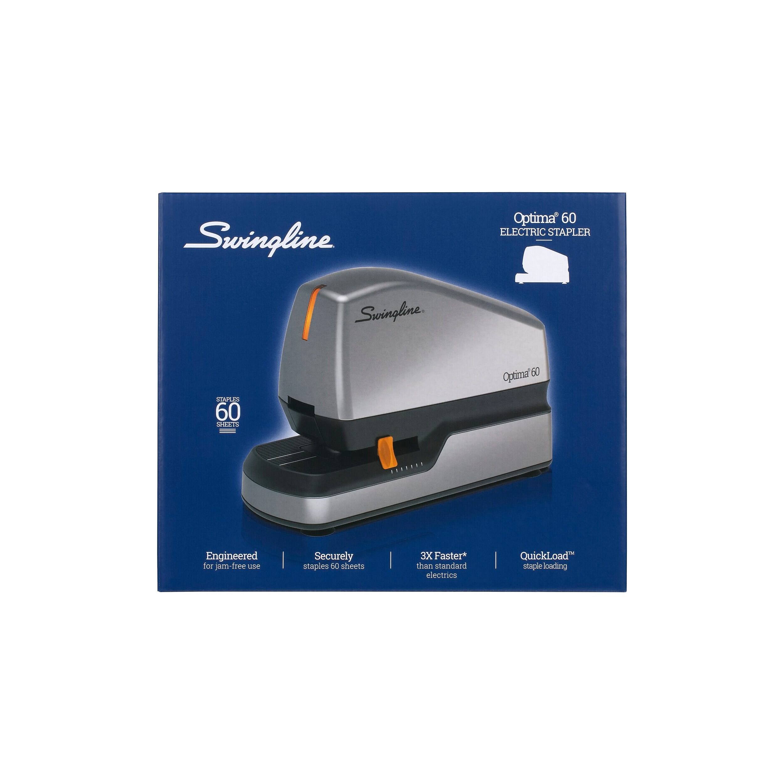 Swingline  
Optima 60 ELECTRIC STAPLER  
Swingline  
STAPLES 60 SHEETS  
Optimal 60  
Engineered for jam-free use  
Securely staples 60 sheets  
3X Faster* than standard electrics  
QuickLoad staple loading