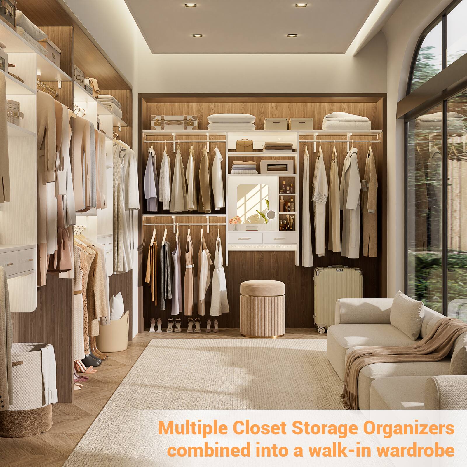 Multiple Closet Storage Organizers combined into a walk-in wardrobe