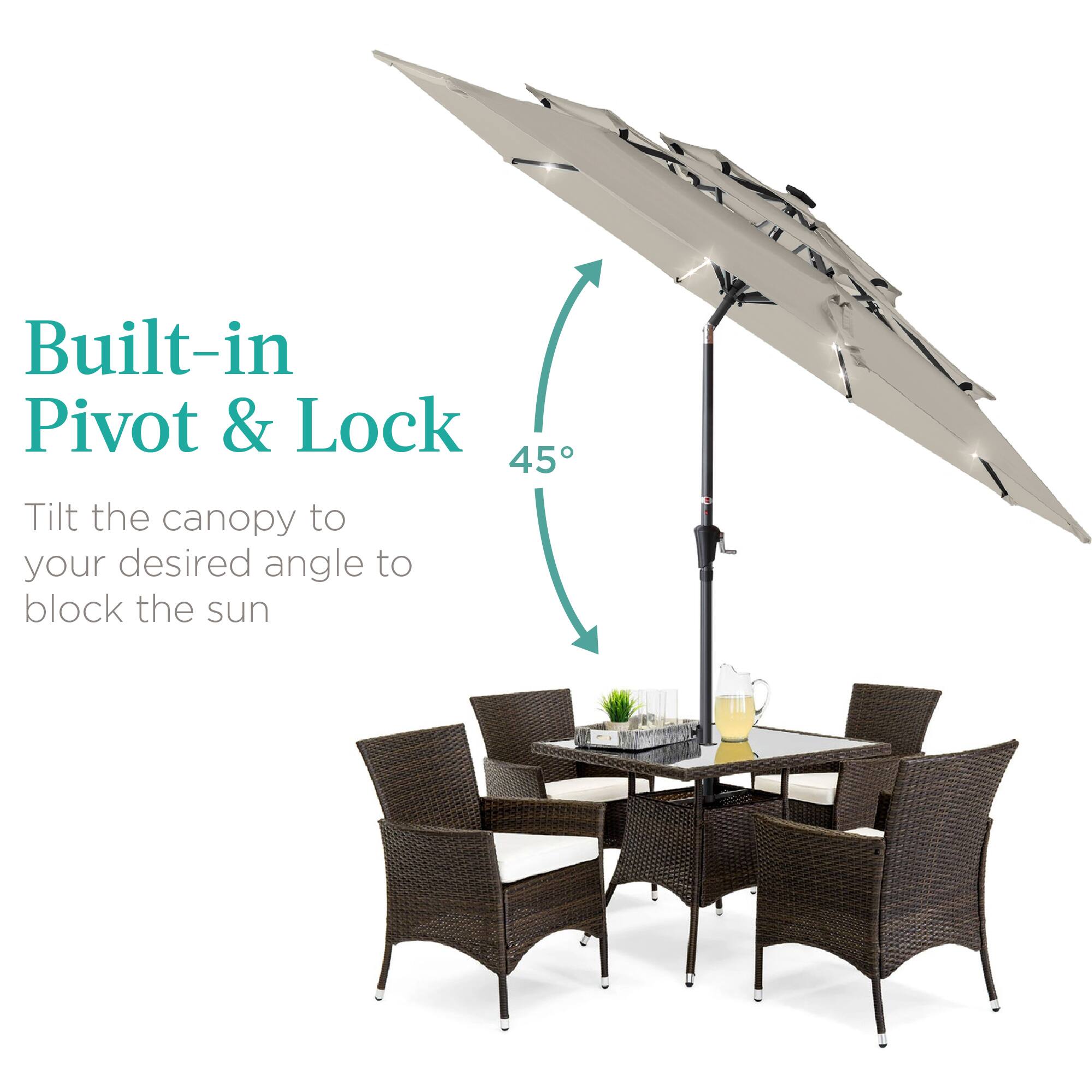 Built-in Pivot & Lock

Tilt the canopy to your desired angle to block the sun