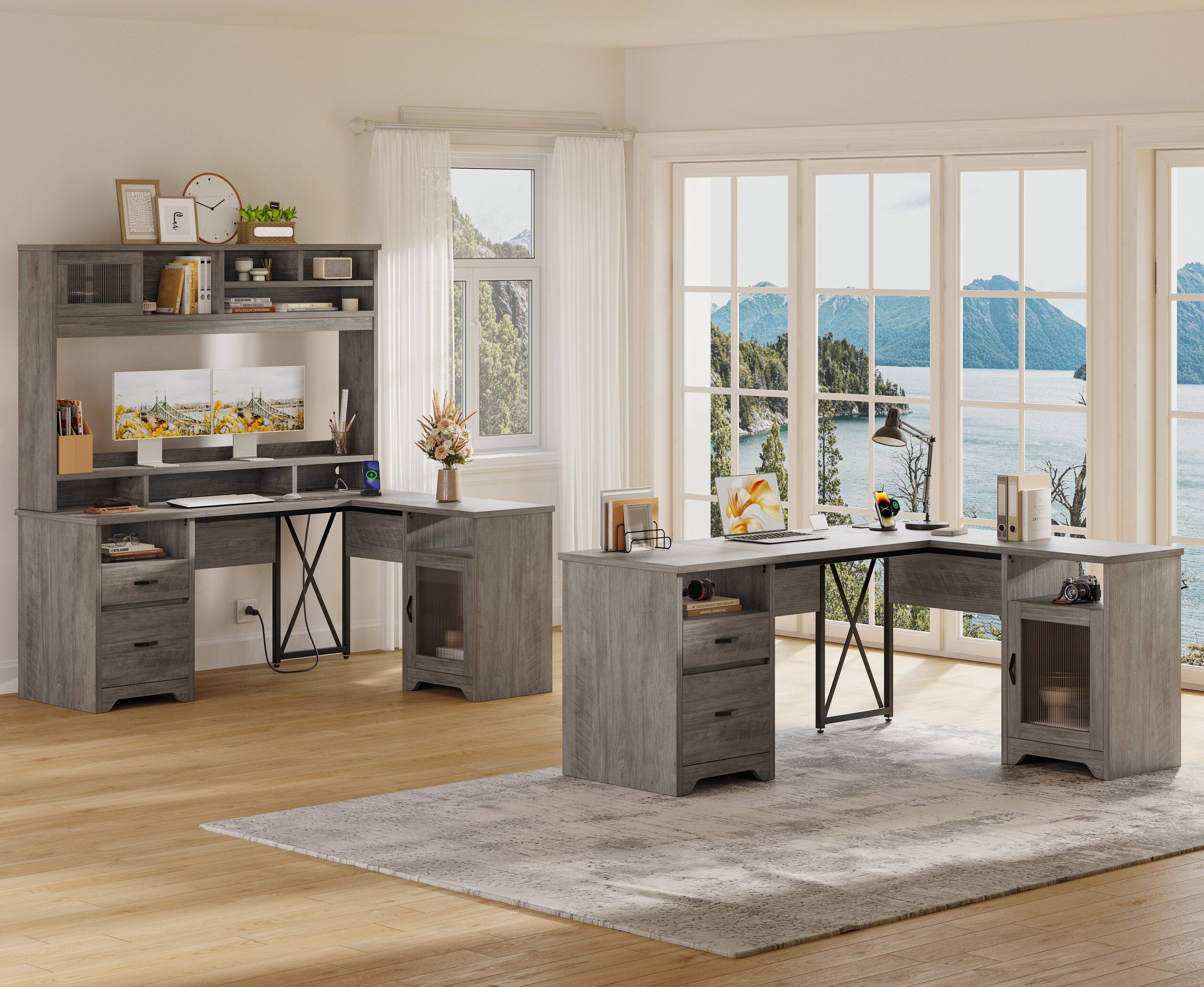 Alt View 6. Bestier - 63-inch Hutch L Shaped Desk with Monitor Stand & Drawers, LED Computer Desk with Charging Station & Cabinet - Grey.