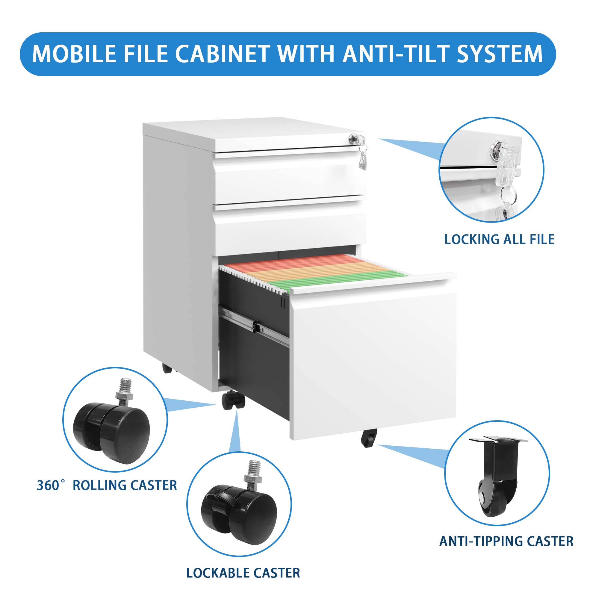 MOBILE FILE CABINET WITH ANTI-TILT SYSTEM

- LOCKING ALL FILE
- 360° ROLLING CASTER
- LOCKABLE CASTER
- ANTI-TIPPING CASTER