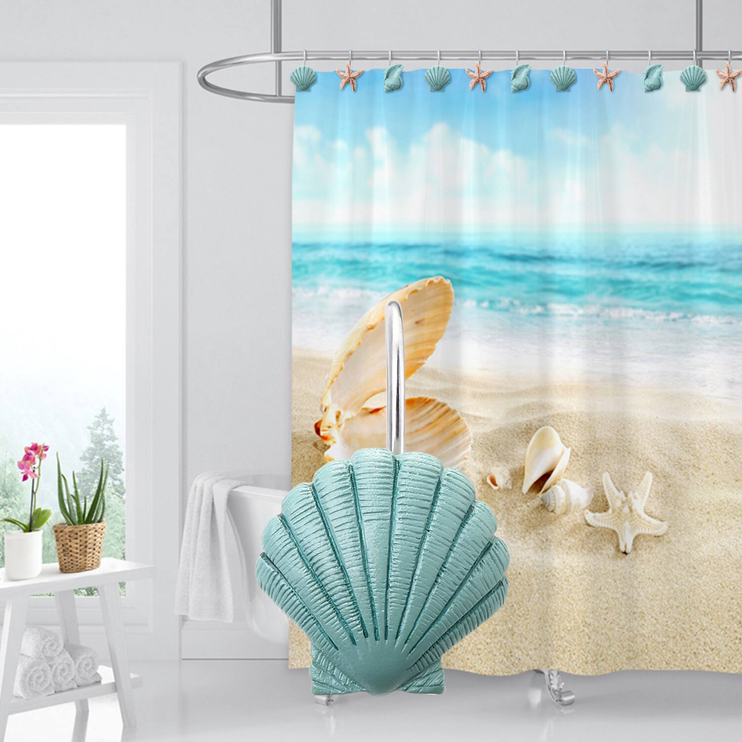 Alt View 2. AGPtek - 12PCS Seashell Anti Rust Decorative Shower Curtain Hooks - Blue.