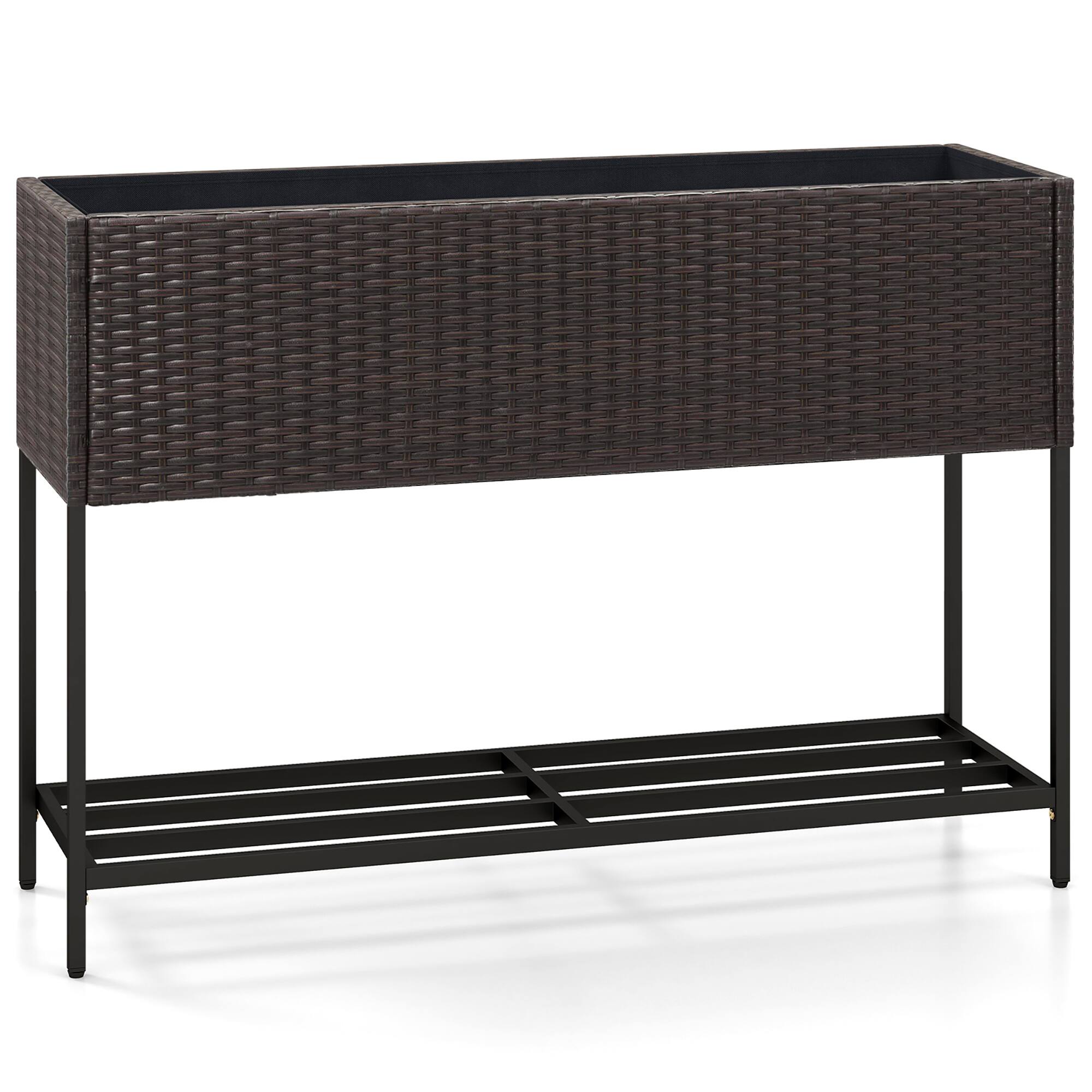 Alt View 9. Gymax - Gymax Elevated Planter Box Raised Garden Bed w/ Rattan Surface Bottom Storage Shelf & Removable Liner - Brown.