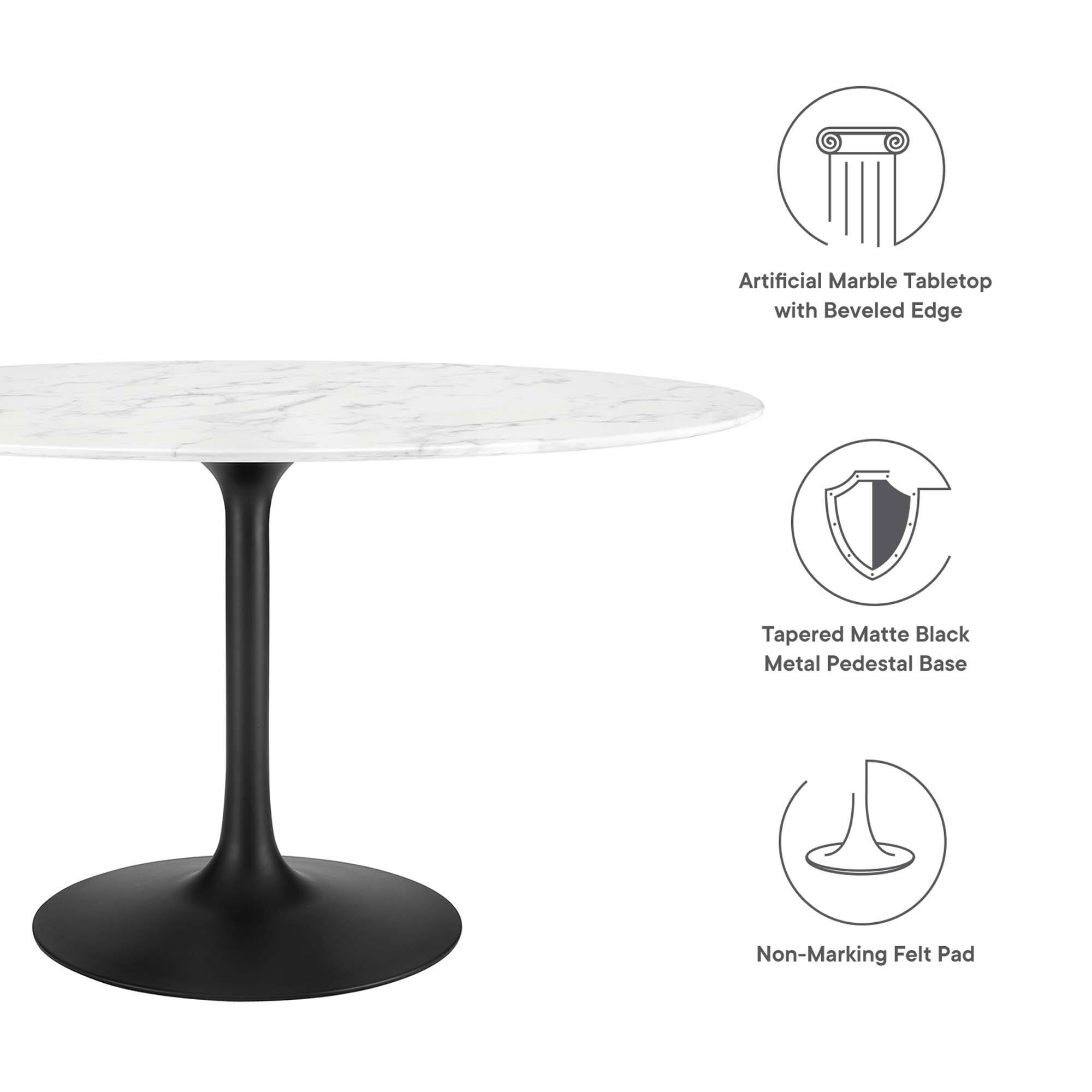 Artificial Marble Tabletop with Beveled Edge  
Tapered Matte Black Metal Pedestal Base  
Non-Marking Felt Pad