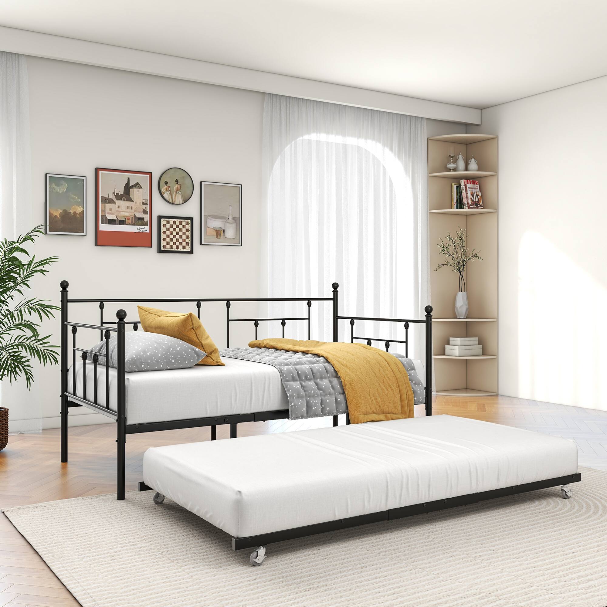 Back. GOODSILO - Twin Size Metal Daybed Frame with Adjustable Trundle Set for Guest Rooms, Bedrooms, and Living Spaces - Black.