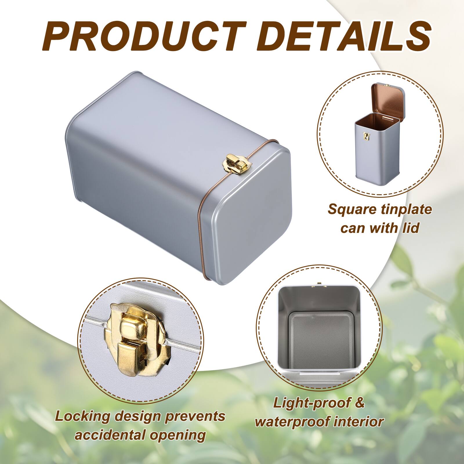 PRODUCT DETAILS

- 2 Square tinplate can with lid
- Light-proof & waterproof interior
- Locking design prevents accidental opening