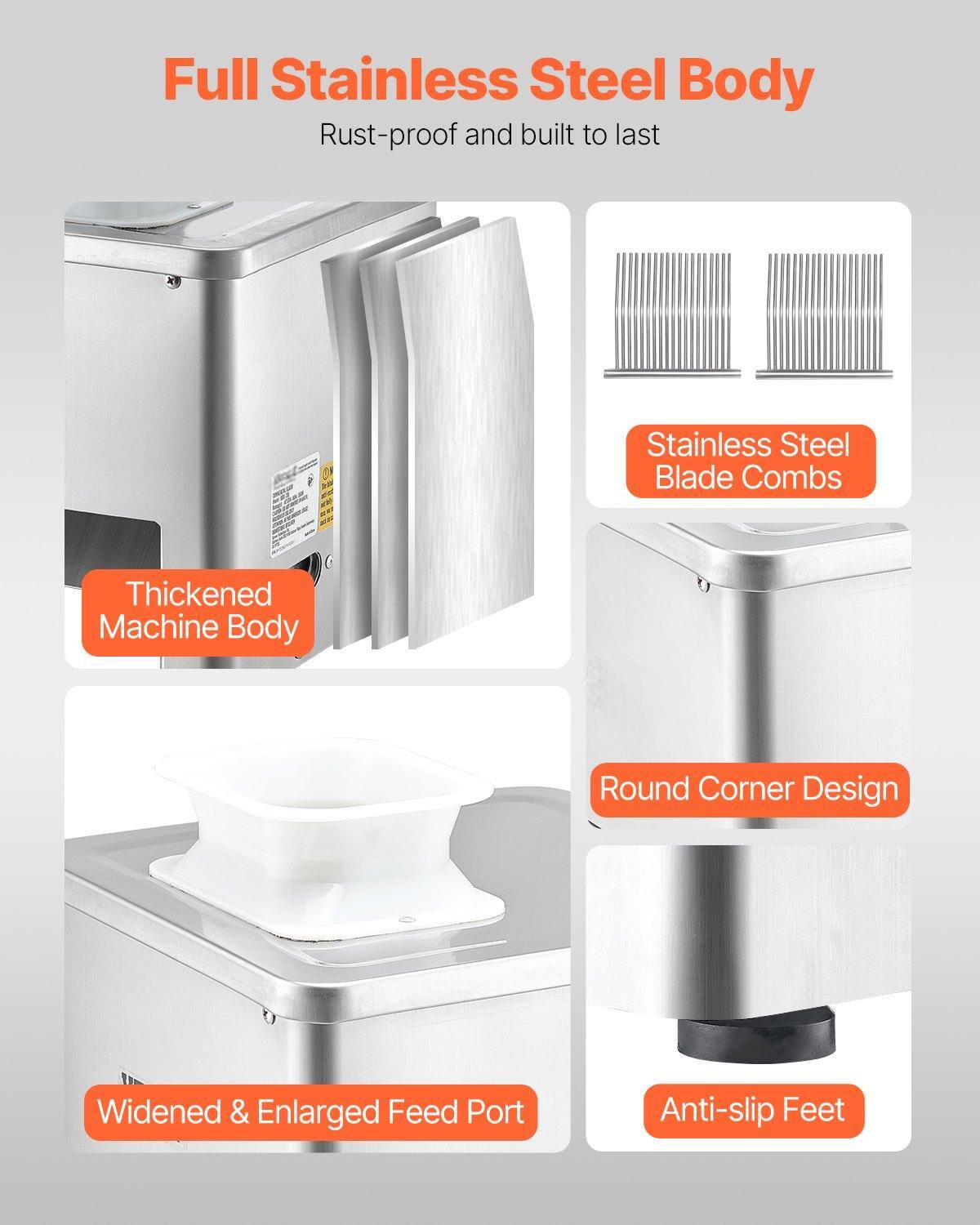 Full Stainless Steel Body  
Rust-proof and built to last  

- Thickened Machine Body  
- Stainless Steel Blade Combs  
- Round Corner Design  
- Widened & Enlarged Feed Port  
- Anti-slip Feet