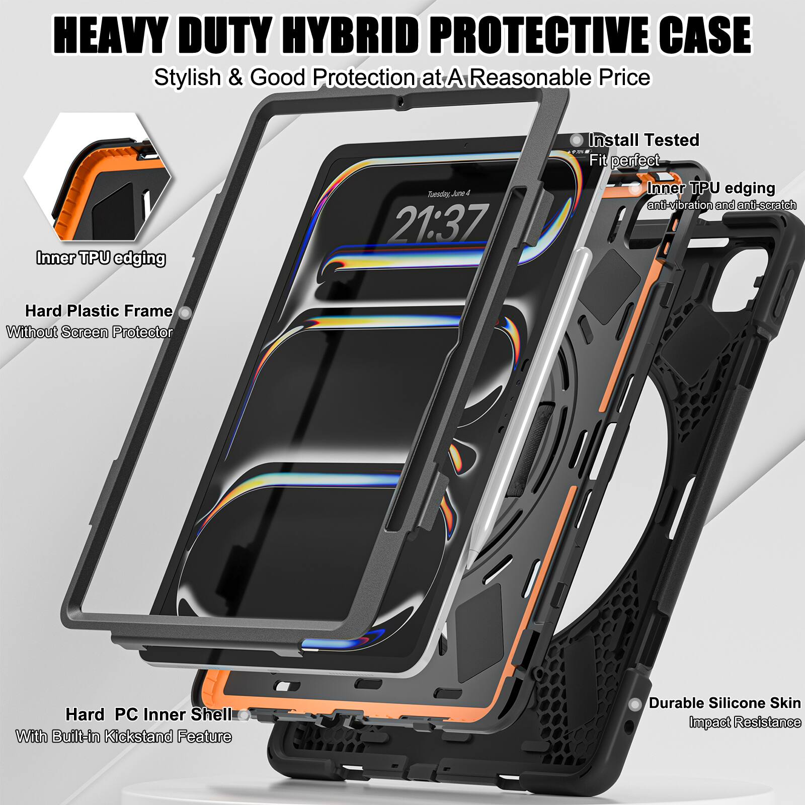 HEAVY DUTY HYBRID PROTECTIVE CASE  
Stylish & Good Protection at A Reasonable Price  

- Inner TPU edging  
- Hard Plastic Frame Without Screen Protector  
- Hard PC Inner Shell With Built-in Kickstand Feature  
- Durable Silicone Skin Impact Resistance  
- Install Tested  
- Fit perfect  
- Inner TPU edging anti-vibration and anti-scratch