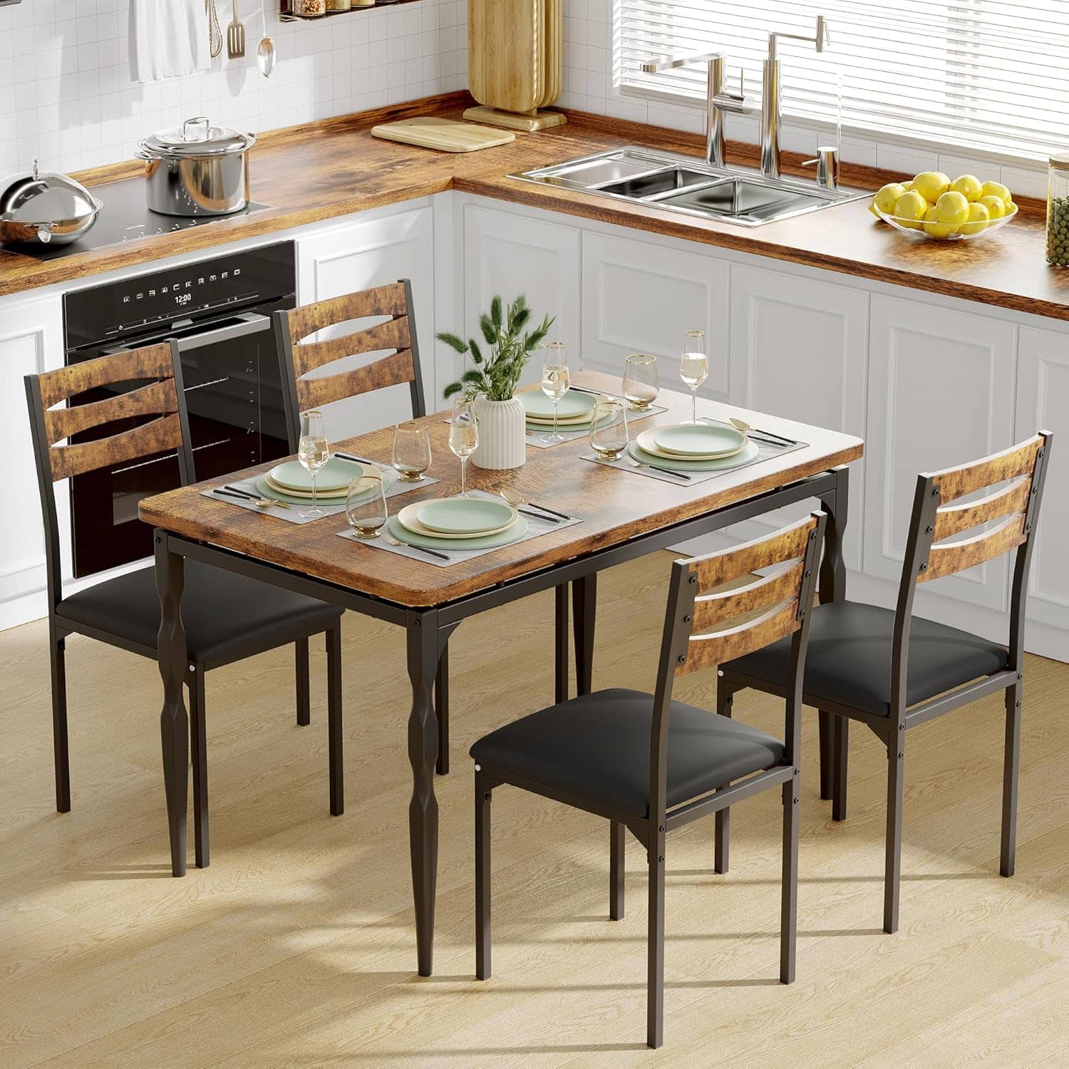 Acekool - 5 Piece Dining Table Set, Industrial Style Dining Table and Chairs Set for 4, Kitchen Table Set - Brown