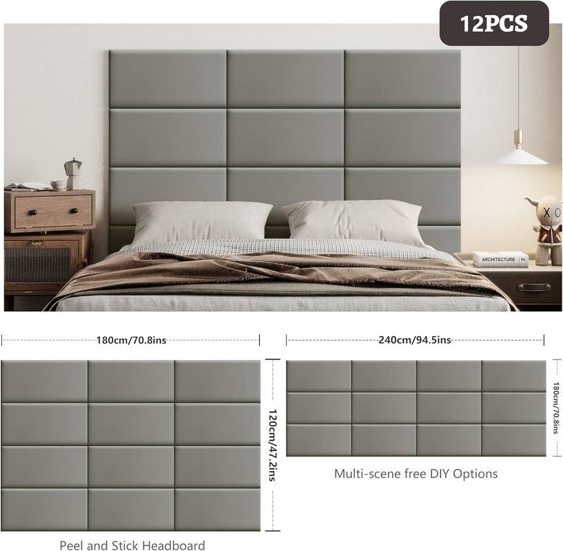 12PCS, 180cm/70.8ins, 240cm/94.5ins, 120cm/47.2ins, Multi-scene free DIY Options, Peel and Stick Headboard