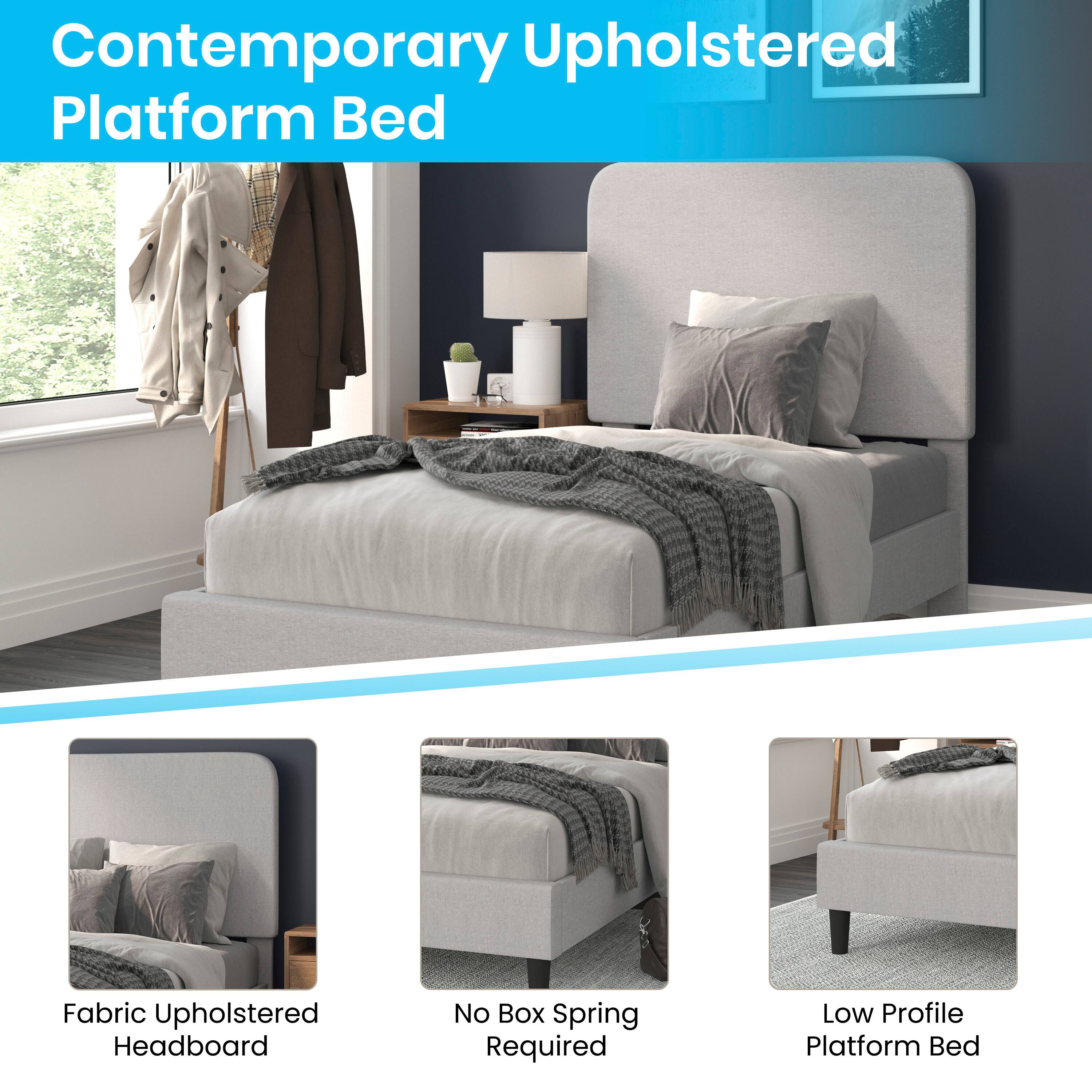 Contemporary Upholstered Platform Bed

- Fabric Upholstered Headboard
- No Box Spring Required
- Low Profile Platform Bed