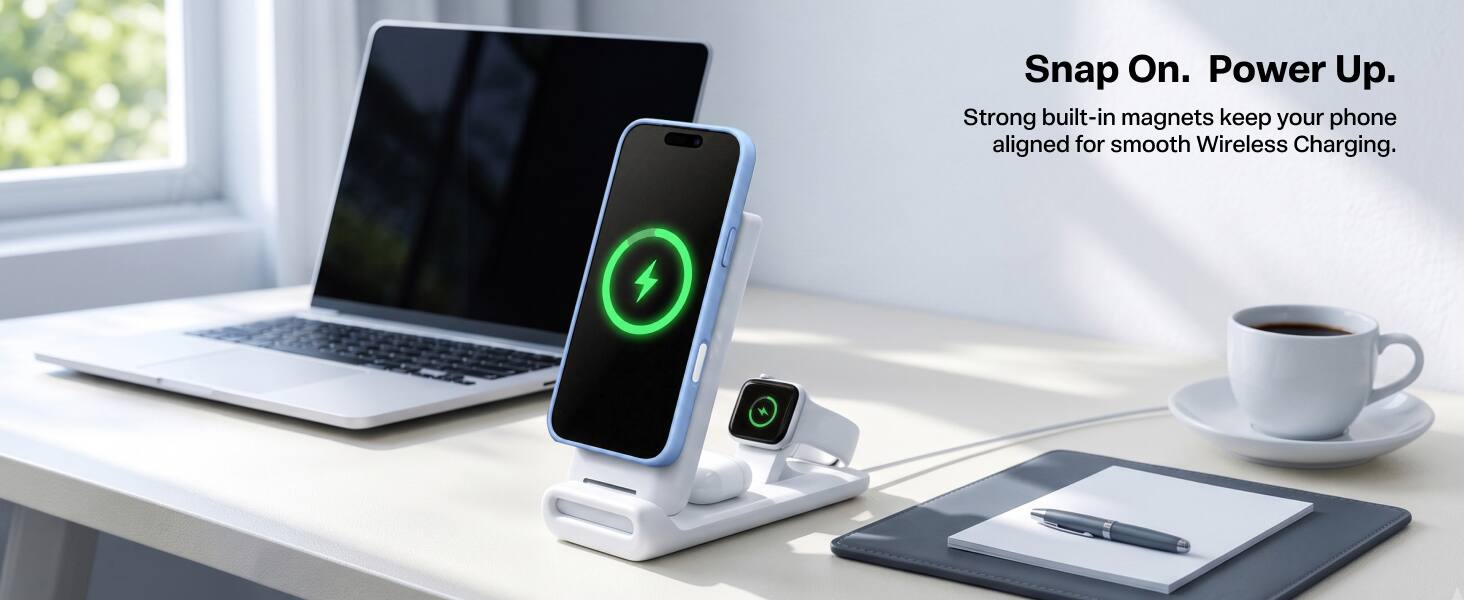 Snap On. Power Up.  
Strong built-in magnets keep your phone aligned for smooth Wireless Charging.