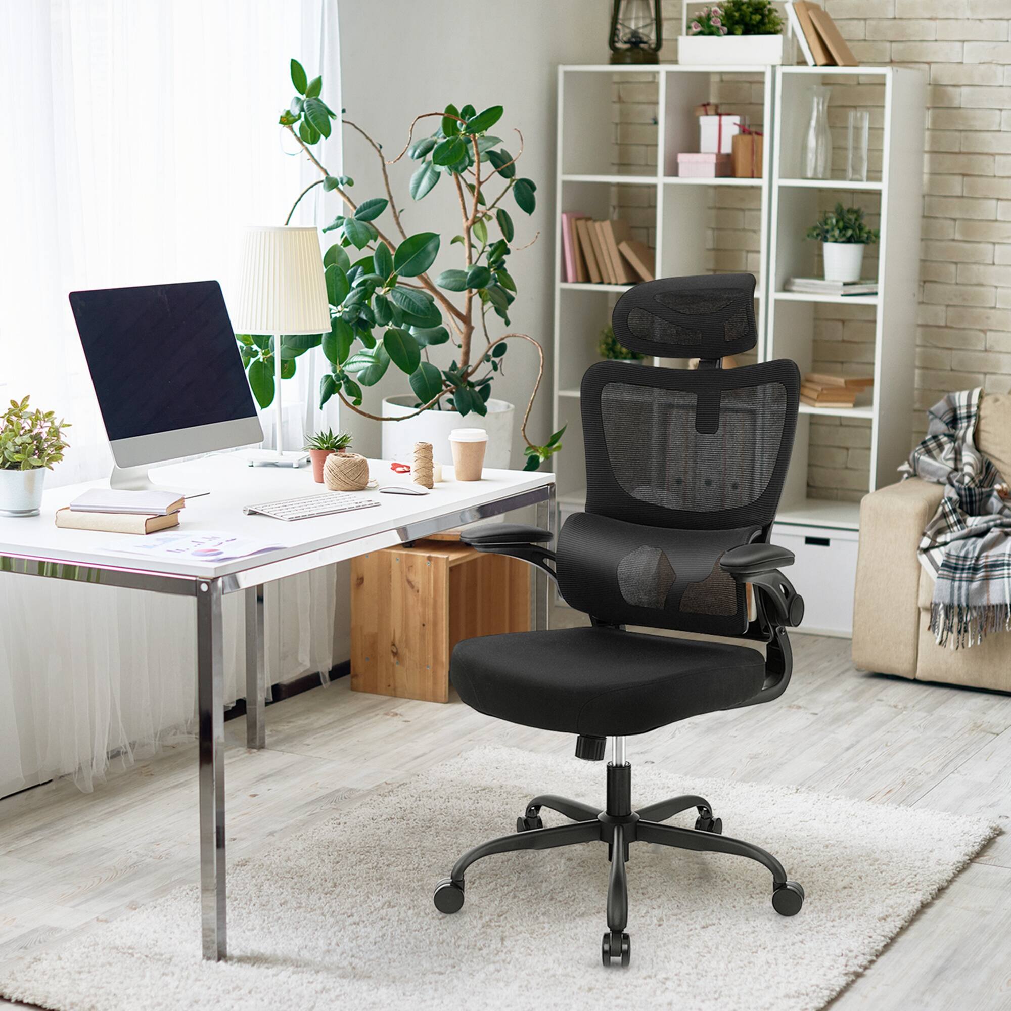 Angle. Costway - Mesh Office Chair with Adaptive Lumbar Support Flip-up Padded Armrests Headrest - Black.
