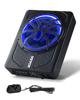 VEVOR - 10" 440W Underseat Car Subwoofer, Slim Powered Car Subwoofers with Blue Ambient Light, Low Profile Audio Sub Under - Black