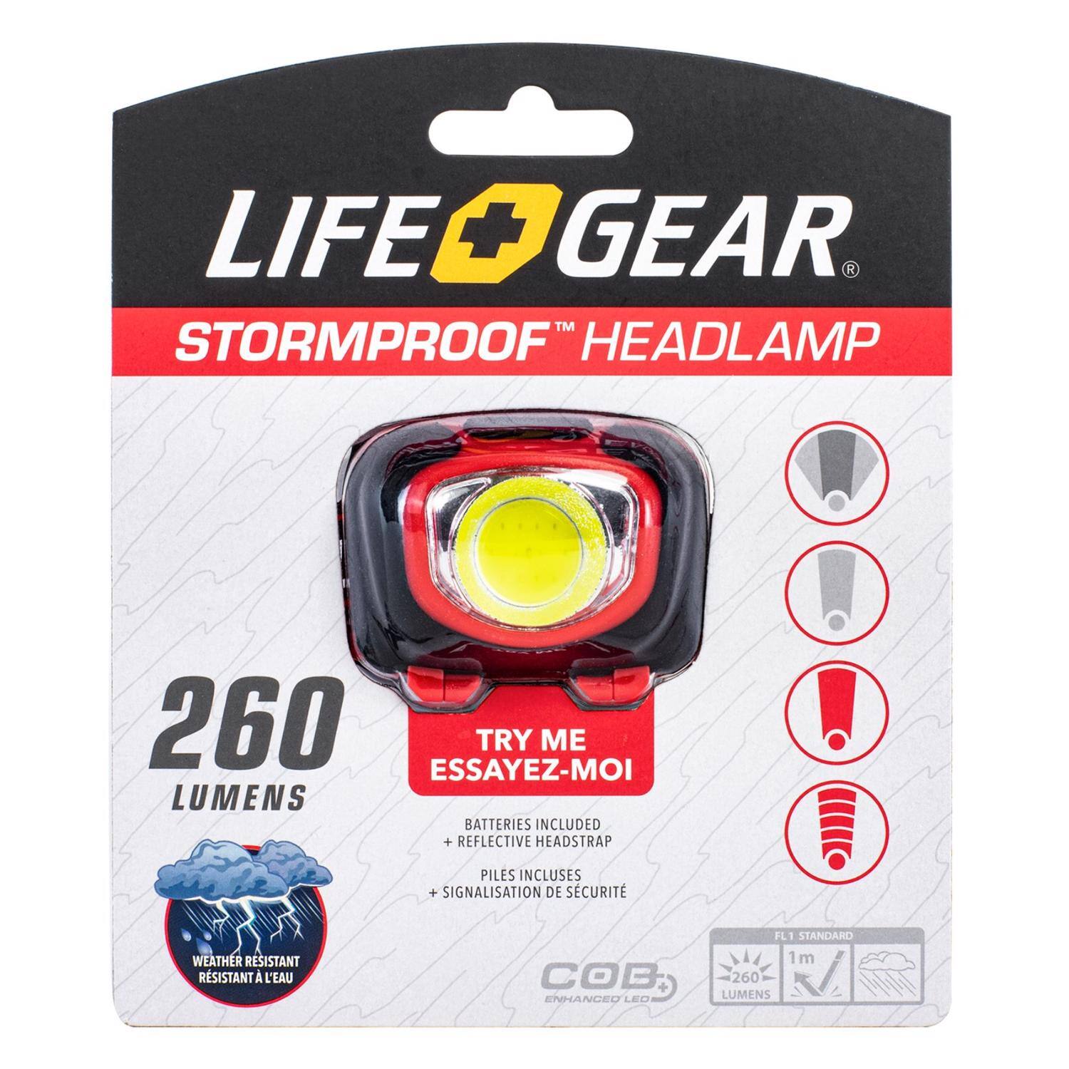 LIFE + GEAR™ STORMPROOF HEADLAMP  
260 LUMENS  
TRY ME / ESSAYEZ-MOI  
BATTERIES INCLUDED + REFLECTIVE HEADSTRAP / PILES INCLUSES + SIGNALISATION DE SÉCURITÉ  
WEATHER RESISTANT / RÉSISTANT À L'EAU  
COB ENHANCED LED  
FL 1 STANDARD  
1m  
260 LUMENS