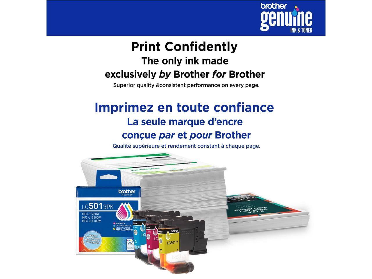 brother genuine INK & TONER  
Print Confidently  
The only ink made exclusively by Brother for Brother  
Superior quality & consistent performance on every page.  

Imprimez en toute confiance  
La seule marque d'encre conçue par et pour Brother  
Qualité supérieure et rendement constant à chaque page.  

brother  
LC501 3PK  
MFC-J12 MFC-J1360DW MFC-J1410DW  
MAGENTA YELLOW