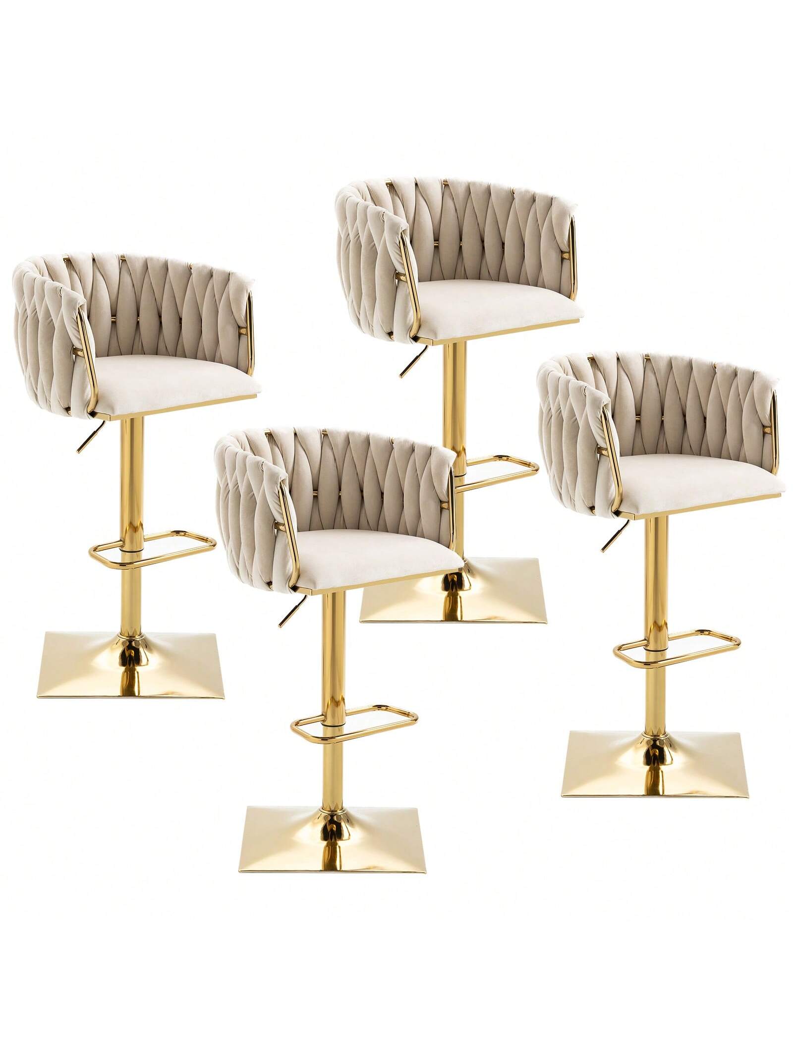 Trinkets Crazed - Swivel Velvet Bar Stool Set Of 4, Adjustable Comfy Counter Height Barstool, Modern Dining Chair With Woven Back - Beige