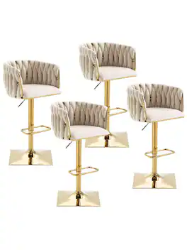 Trinkets Crazed - Swivel Velvet Bar Stool Set Of 4, Adjustable Comfy Counter Height Barstool, Modern Dining Chair With Woven Back - Beige