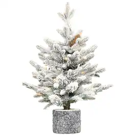Ecooso - 2FT Flocked Christmas Tree with Pot Base, 30 Warm White LED Lights, 189 Tips, PE+PVC Branches with 3 Pine Cones - White+Green