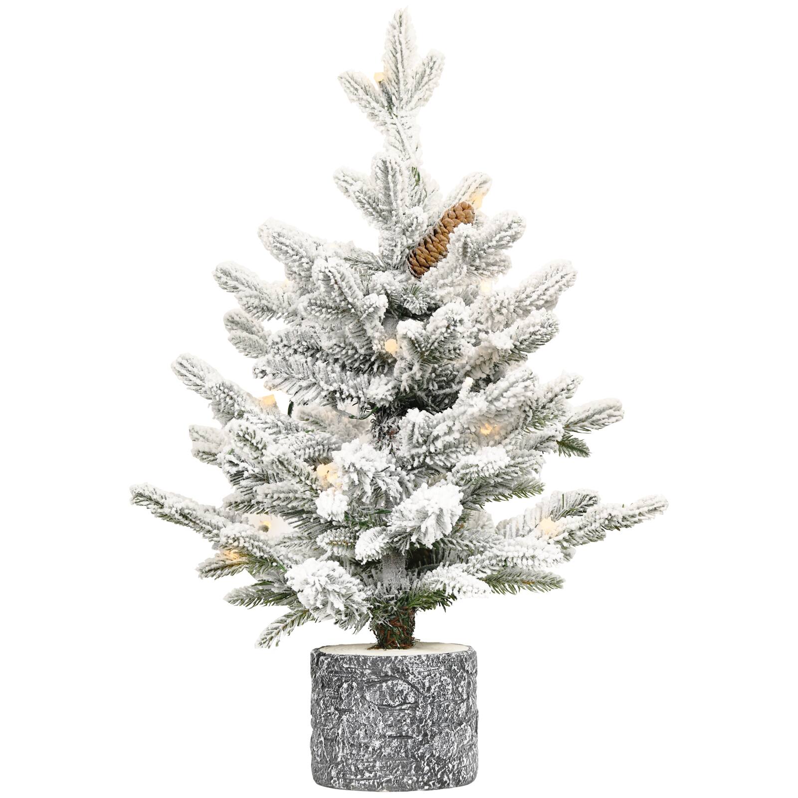 Front. Ecooso - 2FT Flocked Christmas Tree with Pot Base, 30 Warm White LED Lights, 189 Tips, PE+PVC Branches with 3 Pine Cones - White+Green.
