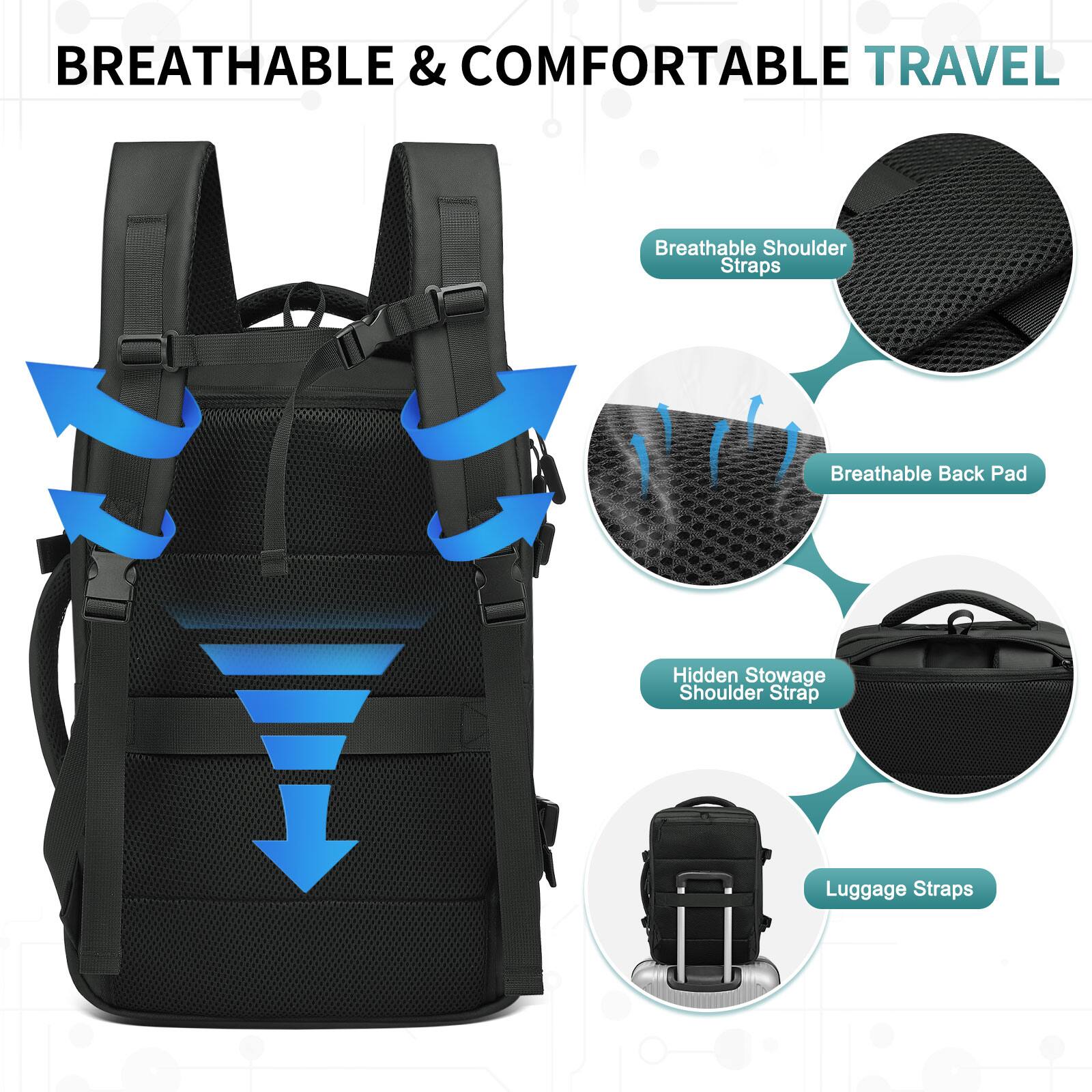 BREATHABLE & COMFORTABLE TRAVEL

- Breathable Shoulder Straps
- Breathable Back Pad
- Hidden Stowage Shoulder Strap
- Luggage Straps
