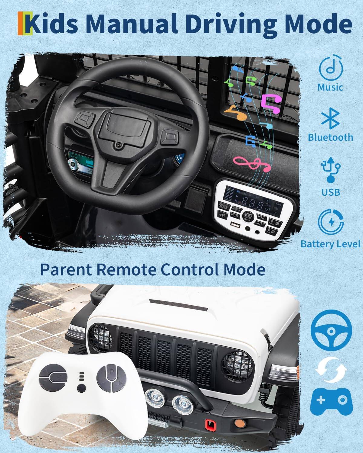 Kids Manual Driving Mode  
Music  
Bluetooth  
USB  
Battery Level  

Parent Remote Control Mode