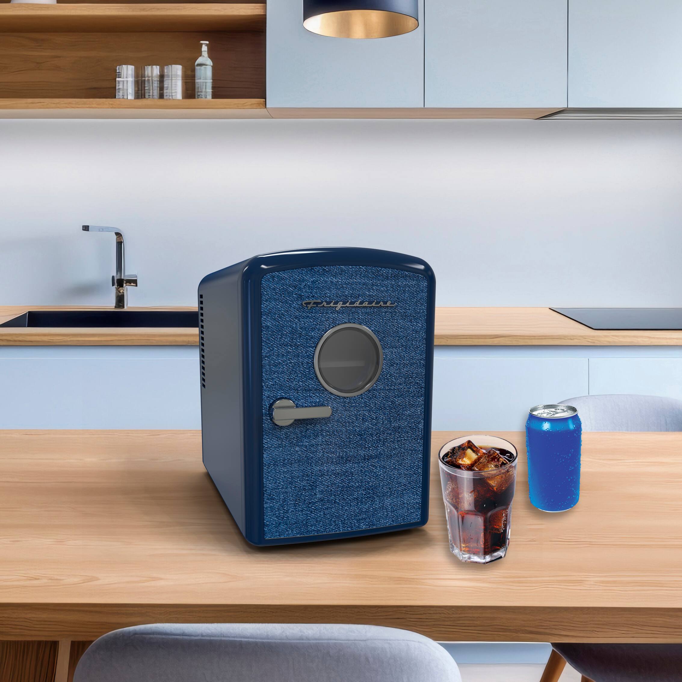 Left. Frigidaire - Frigidaire Retro Mini Personal Fridge Cooler, Holds 9 Cans, Portable- Car, Office, Bedroom, Dorm, Cabin, Indigo Denim - Blue.