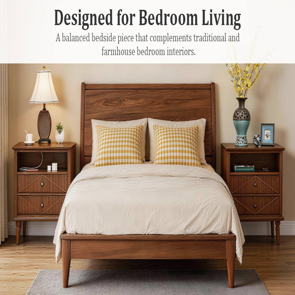 Designed for Bedroom Living  
A balanced bedside piece that complements traditional and farmhouse bedroom interiors.