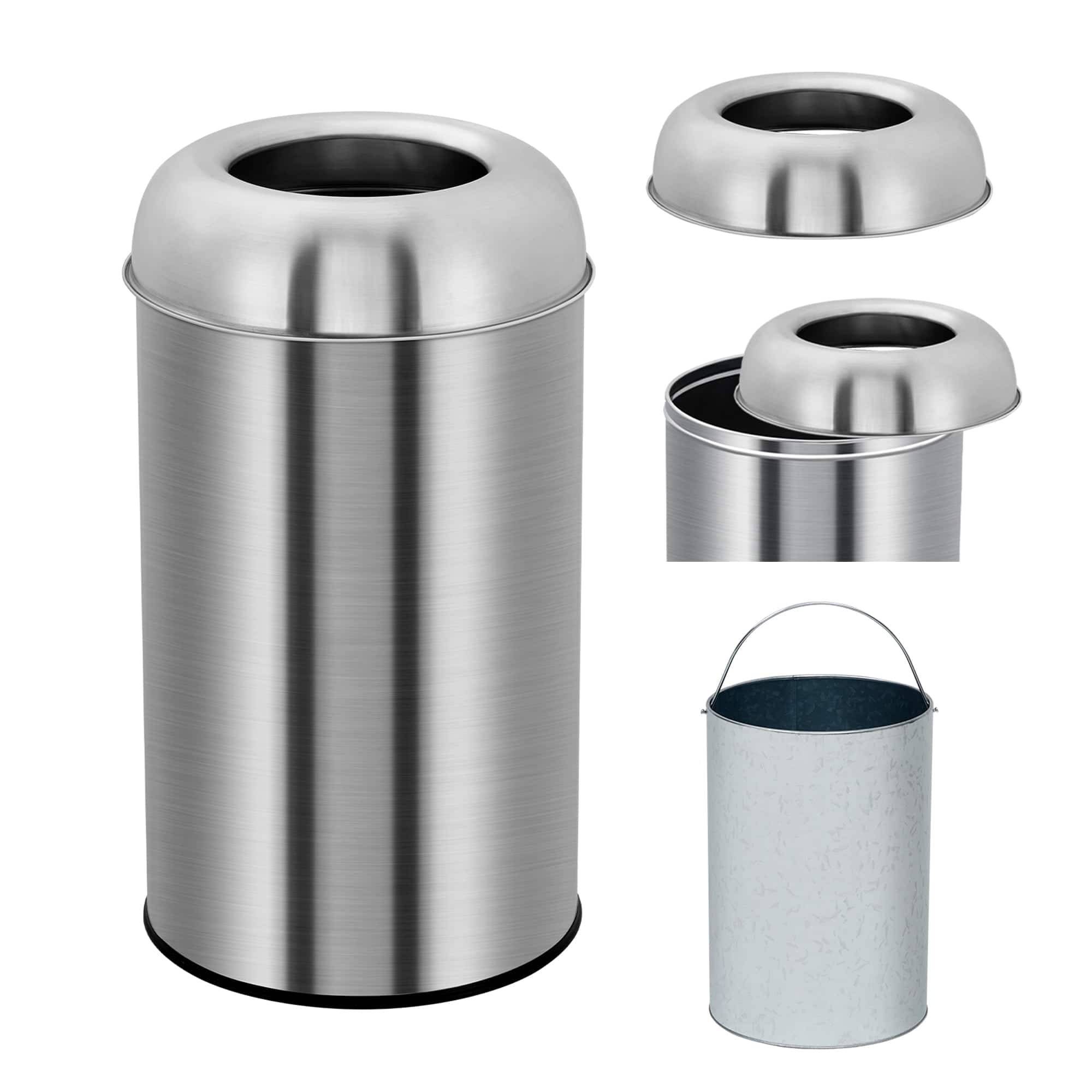 Homhougo - Open Top Trash Can, 13 Gallon/18.5 Gallon Indoor/Outdoor Round Garbage Can with Removable Inner Basket - 50L Silver