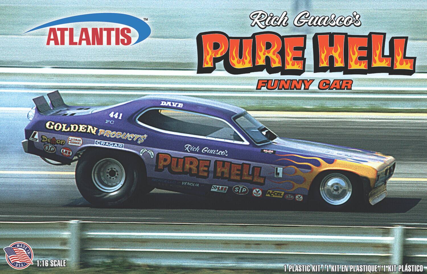 TM ATLANTIS  
Rich Guasco's PURE HELL FUNNY CAR  
DAVE 441 FC GOLDEN Demon JEDMAN REDDERS CRAGAR PRODUCTS STP  
Rich Guasco's LES PURE HELL MONDELLO VENOLIA X-LEE STP ACCEL STP  
MADE IN USA 1:16 SCALE  
1 PLASTIC KIT / 1 KIT EN PLASTIQUE / 1 KIT PLÁSTICO