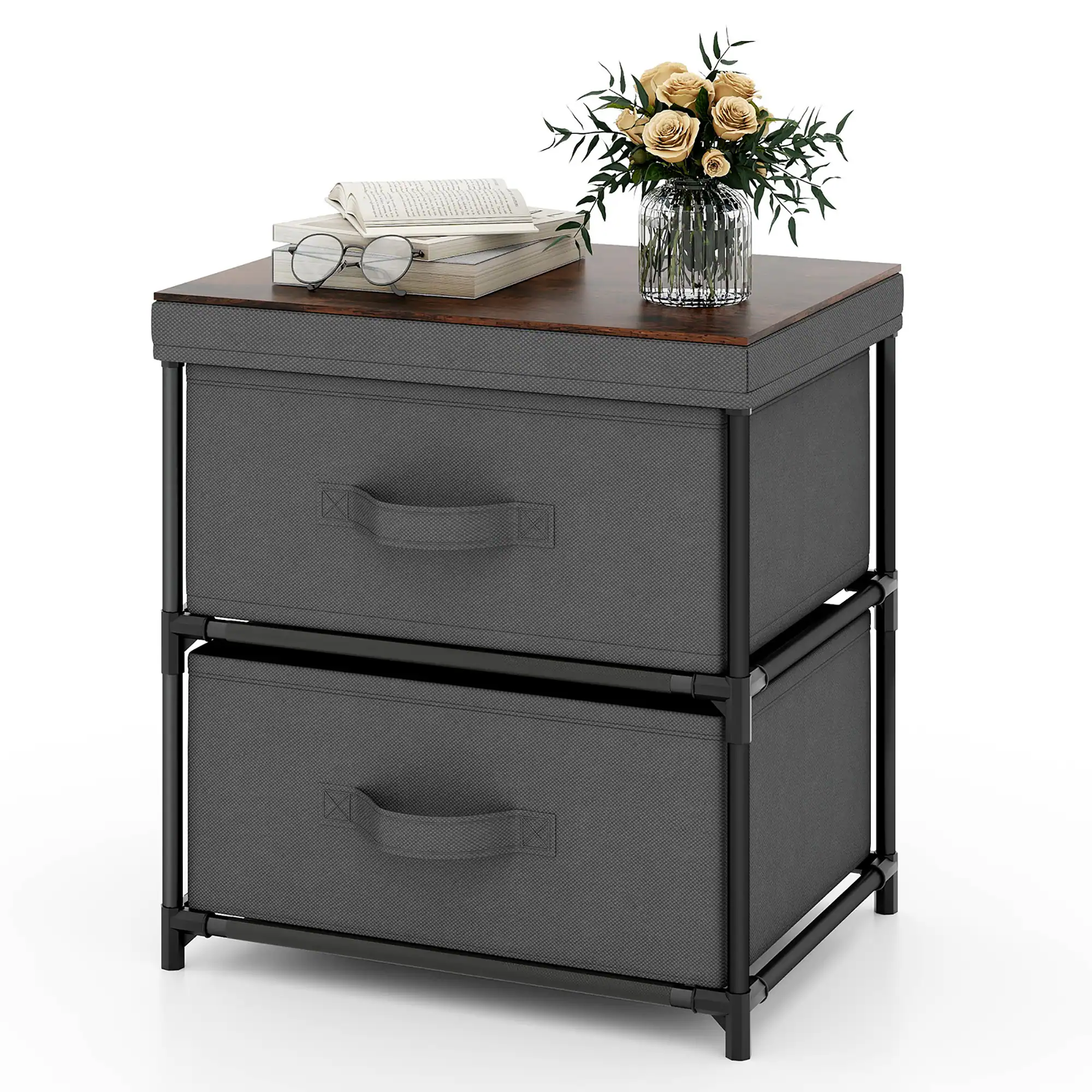Front. Gymax - Gymax 2 Drawer Dresser Fabric Storage Organizer Nightstand Bedside Sofa Table Grey & Rustic Brown - Grey, Rustic Brown.