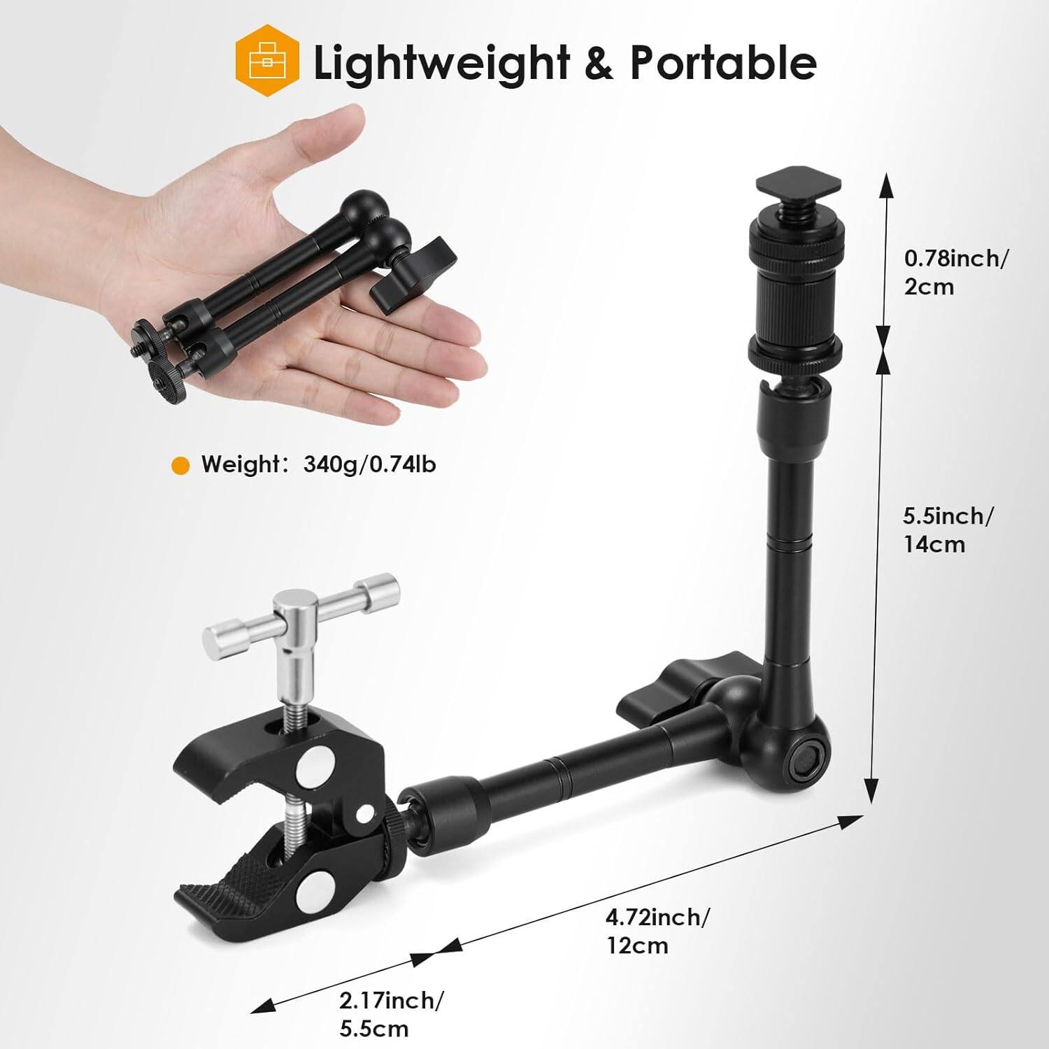 Lightweight & Portable

- Weight: 340g/0.74lb

- 0.78inch/2cm
- 5.5inch/14cm
- 4.72inch/12cm
- 2.17inch/5.5cm