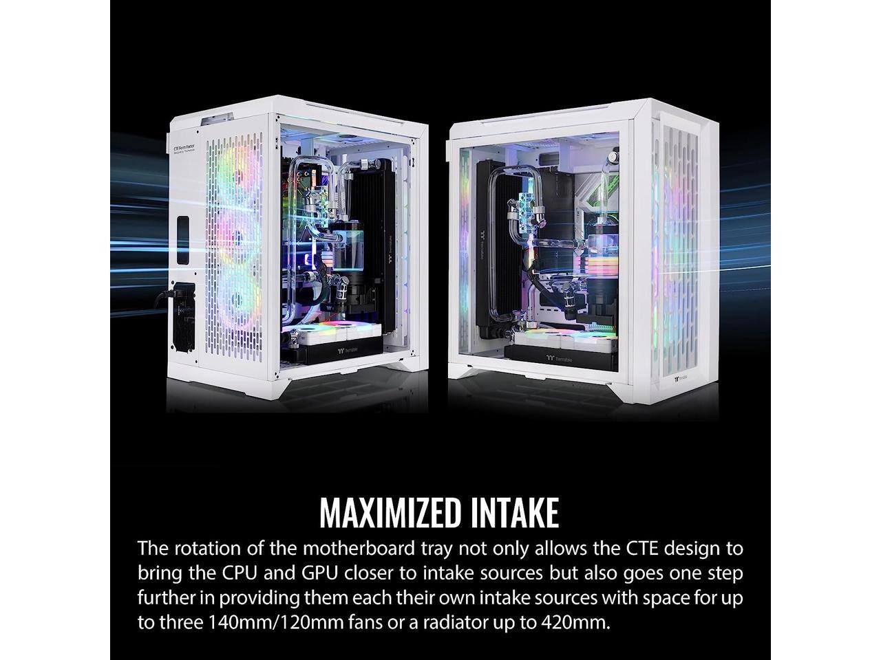 MAXIMIZED INTAKE

The rotation of the motherboard tray not only allows the CTE design to bring the CPU and GPU closer to intake sources but also goes one step further in providing them each their own intake sources with space for up to three 140mm/120mm fans or a radiator up to 420mm.