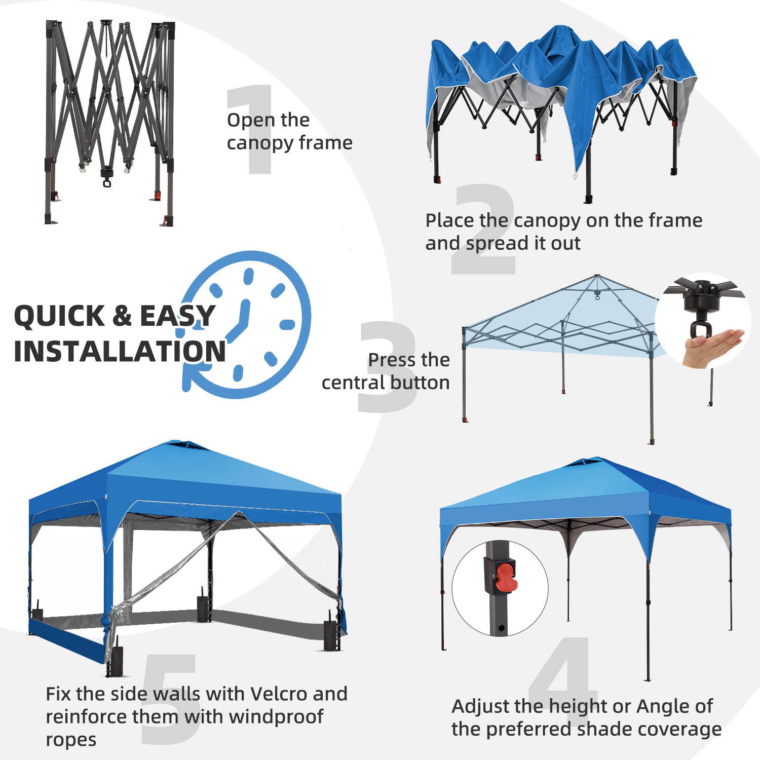 1. Open the canopy frame
2. Place the canopy on the frame and spread it out
3. Press the central button
4. Adjust the height or angle of the preferred shade coverage
5. Fix the side walls with Velcro and reinforce them with windproof ropes