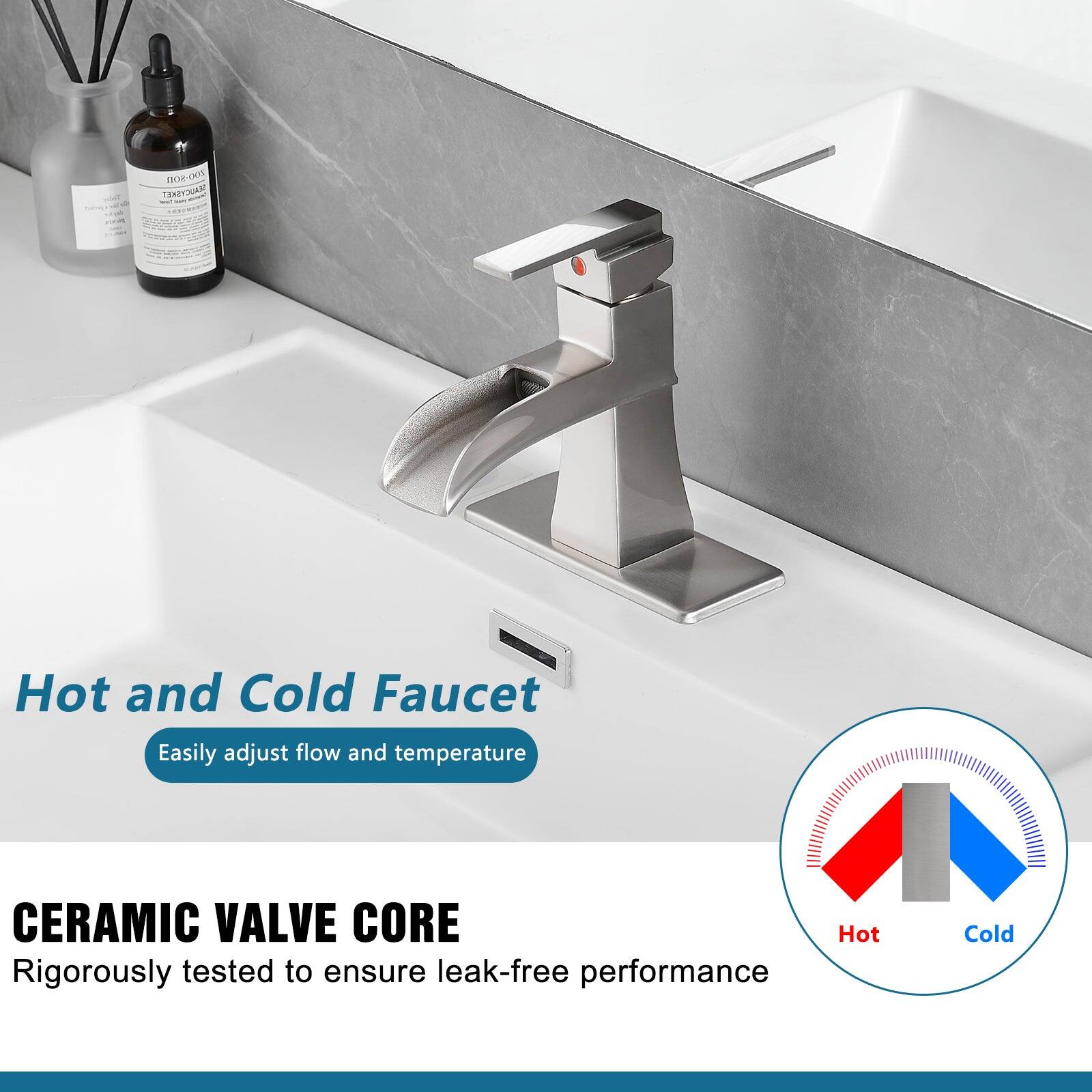 Hot and Cold Faucet  
Easily adjust flow and temperature  

CERAMIC VALVE CORE  
Rigorously tested to ensure leak-free performance  

Hot Cold