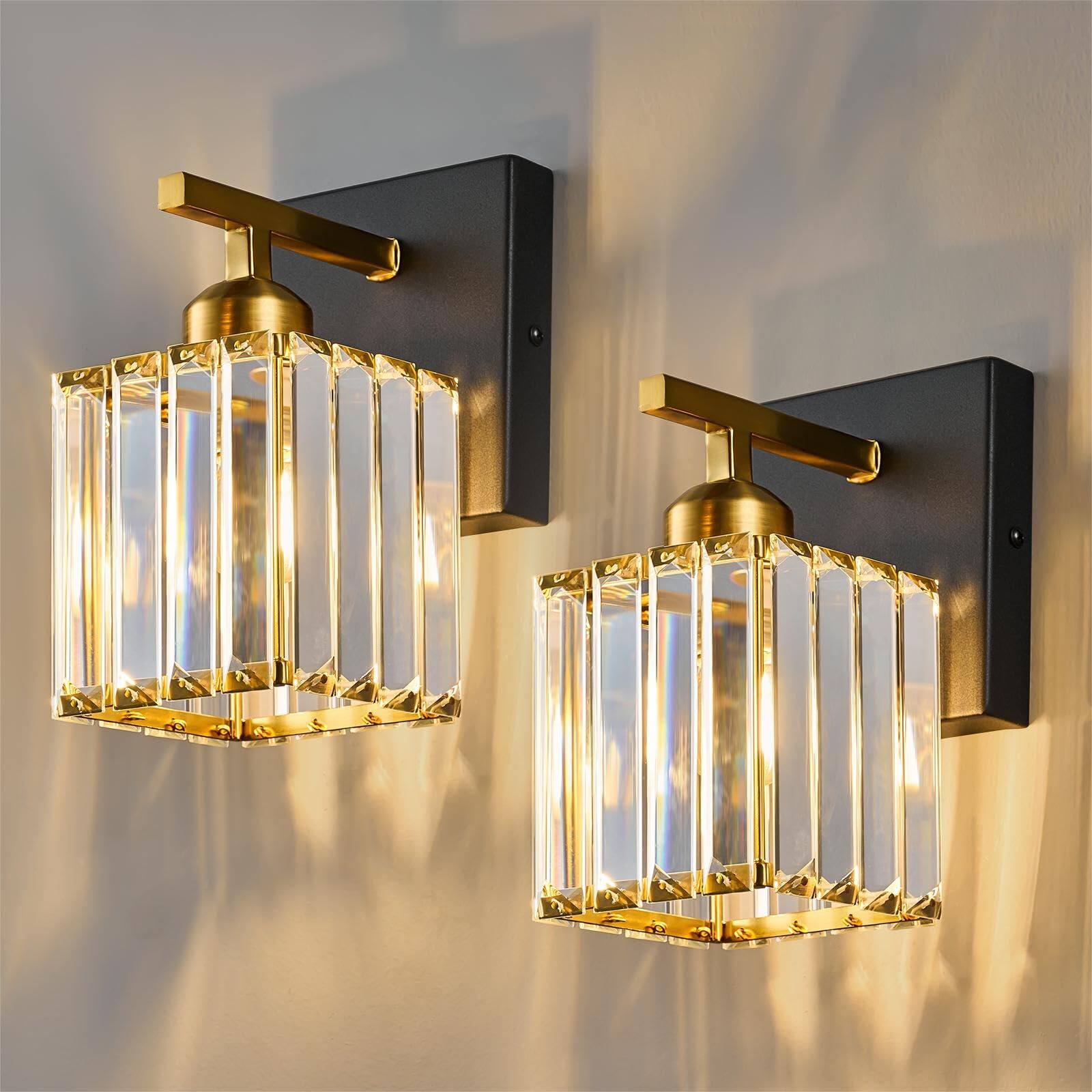 Front. TECH SAFARI - Modern Wall Sconce Set Of Two Indoor Lamp Sconces Crystal Light Bathroom Vanity Fixtures Mounted Room Lighting - BlackGold 2-Pack.