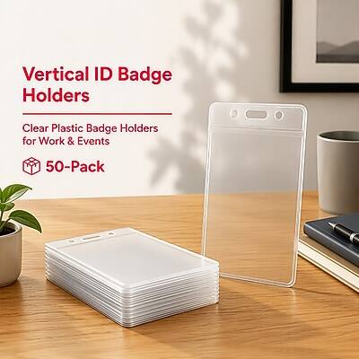 Vertical ID Badge Holders  
Clear Plastic Badge Holders for Work & Events  
50-Pack