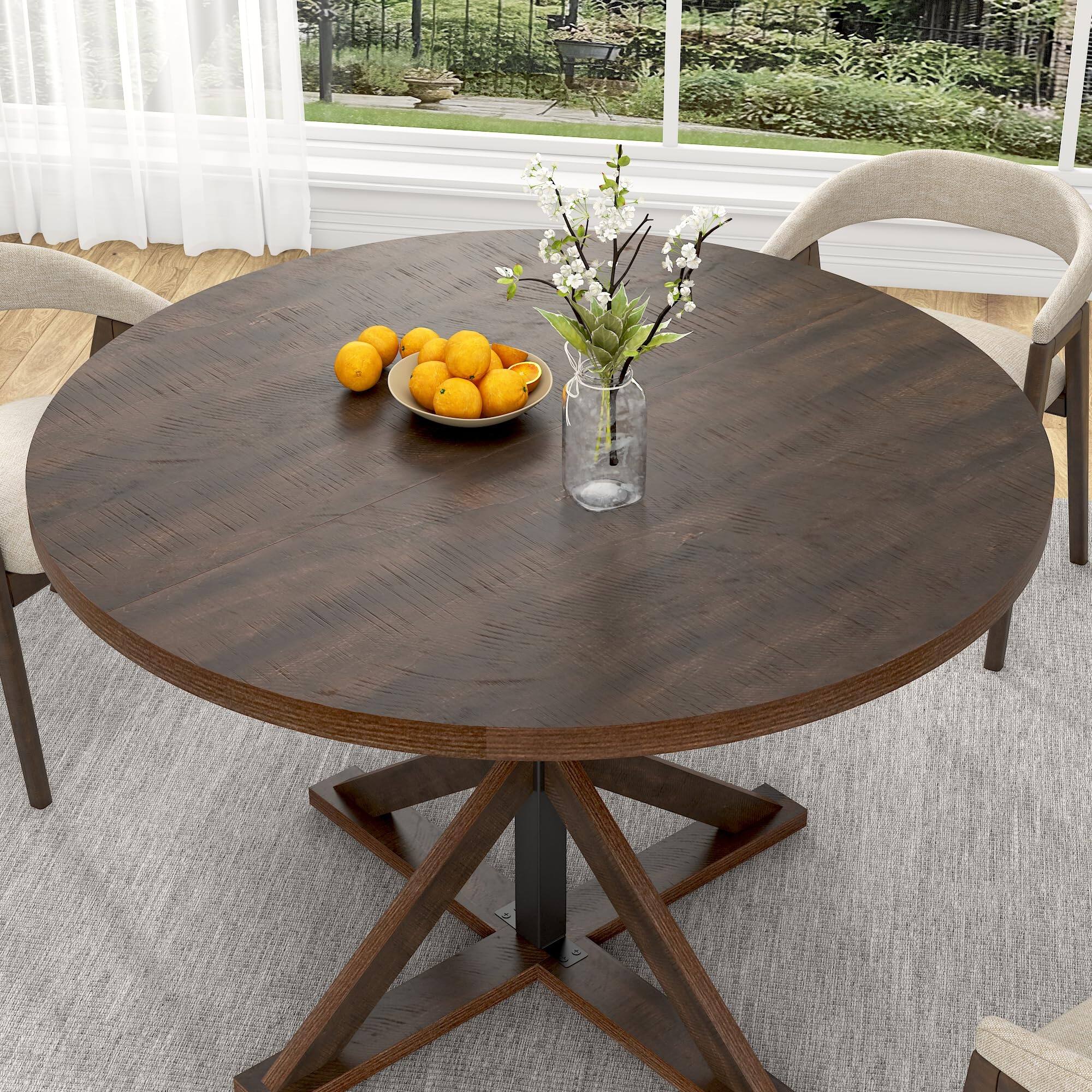 Front. Lent Glitter Wood - 47" Round Farmhouse Dining Table for 4 Thickened  Wooden Top & Metal Support - Brown.