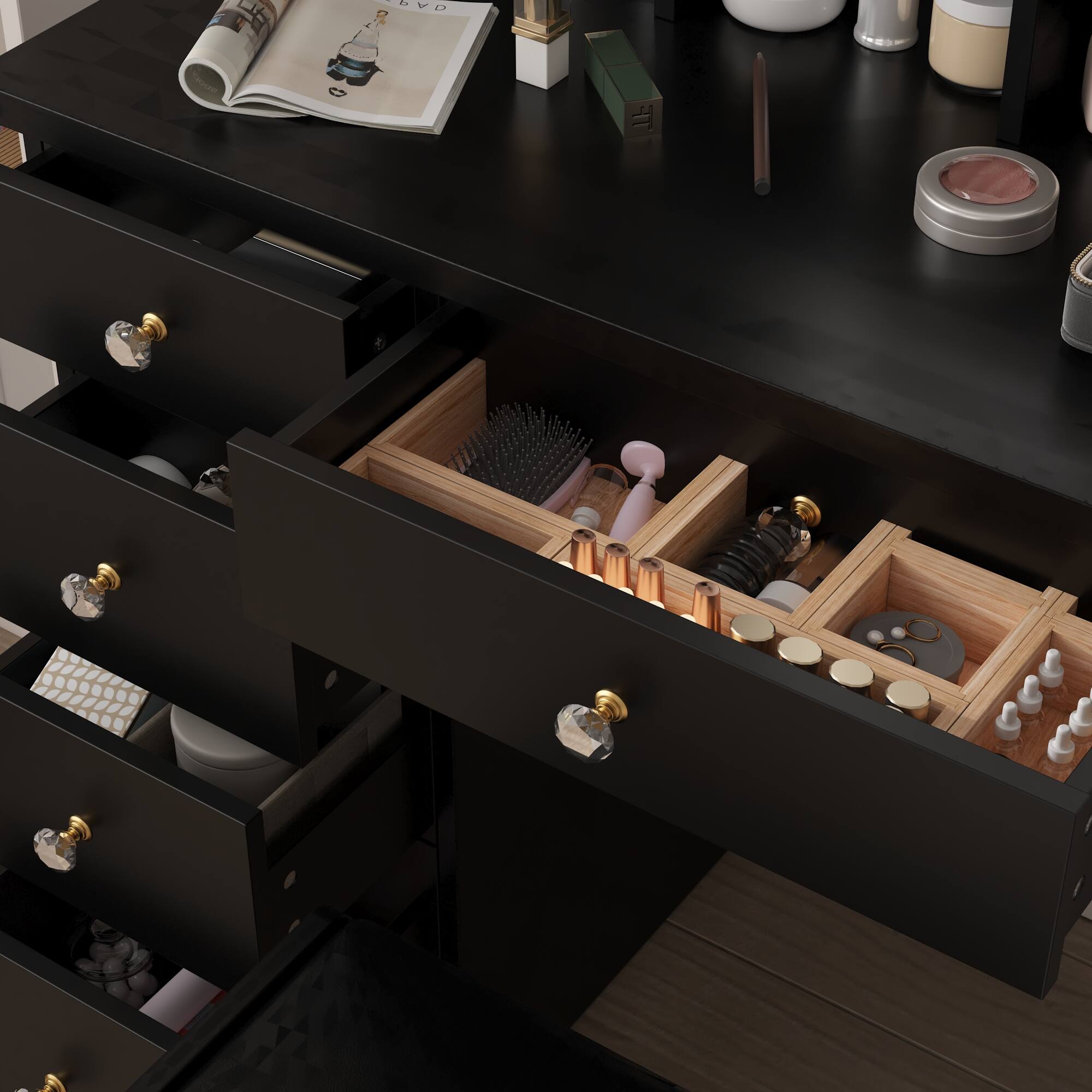 Alt View 7. Famapy - Vanity Table with LED Mirror, Storage Drawers & Stool – Makeup Dresser Organizer for Bedroom - Black.