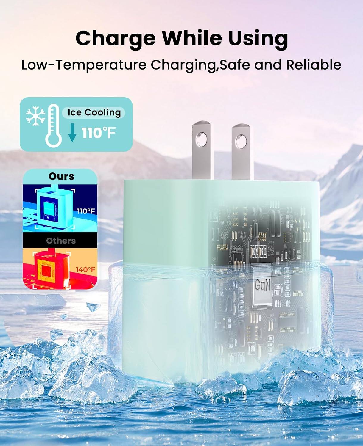 Charge While Using  
Low-Temperature Charging, Safe and Reliable  

Ice Cooling 110°F  

Ours  
110°F  

Others  
140°F  

COOCO GaN