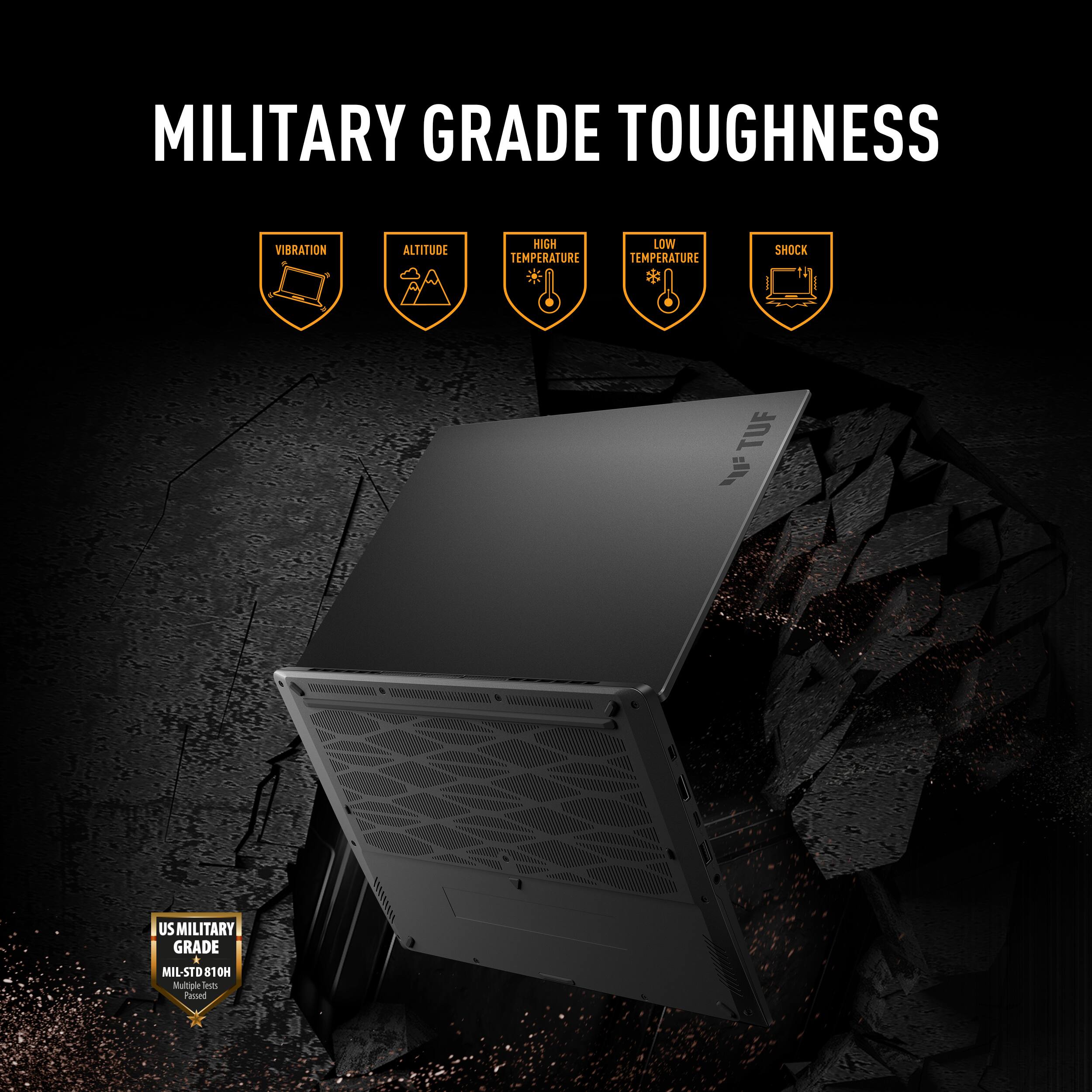 The image features a laptop computer that is advertised as having military grade toughness. It is designed to withstand various challenging conditions, such as vibration, altitude, high and low temperatures, and shock. The laptop is also built to meet the standards of the US military, as indicated by the MIL-STD 810H certification. The image showcases the laptop's durability and resilience, making it an ideal choice for those who require a reliable and robust device for their outdoor or military-related activities.
