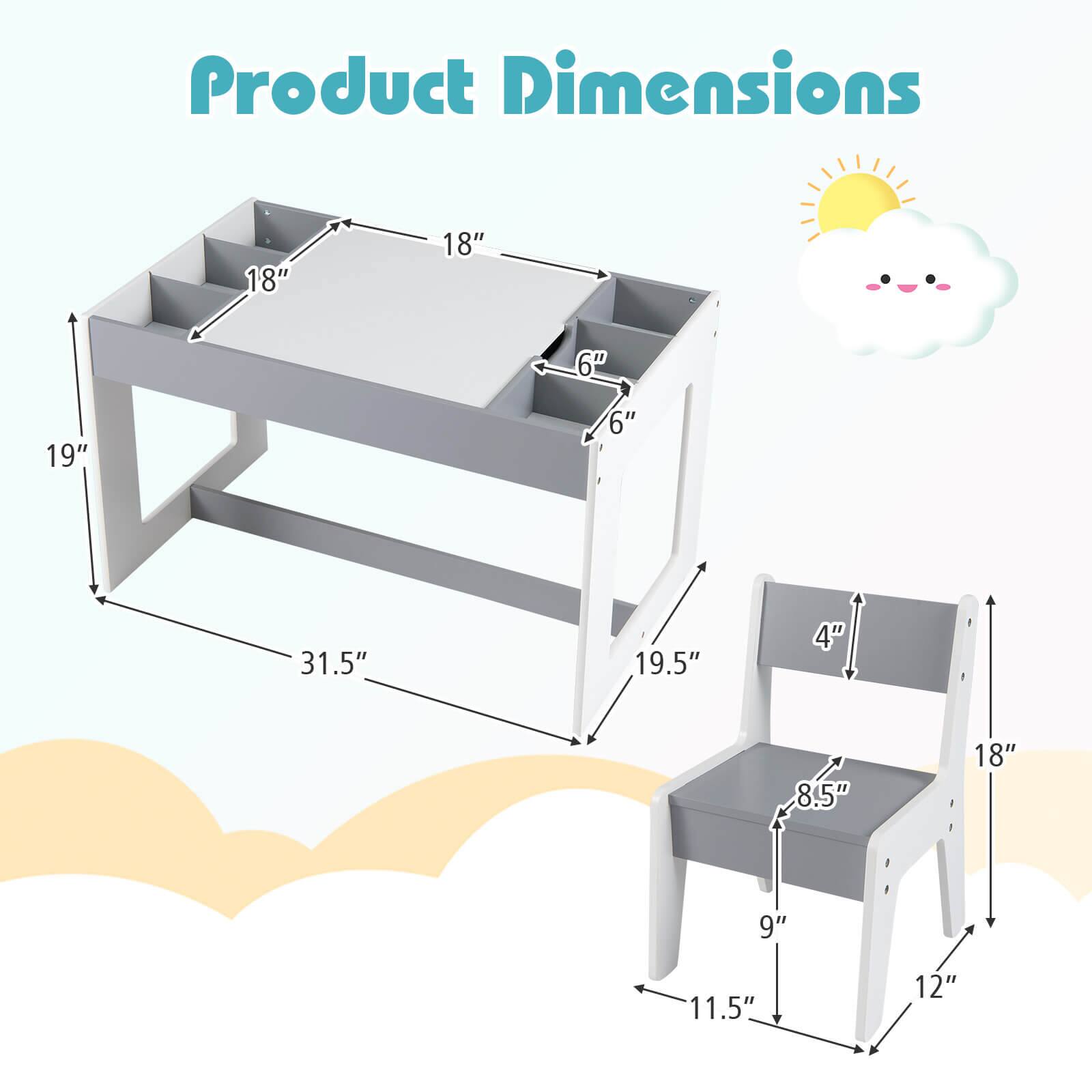 Product Dimensions: 18" x 18" x 6" (table), 19" x 31.5" x 19.5" (table base), 4" x 8.5" x 9" x 11.5" x 12" (chair)